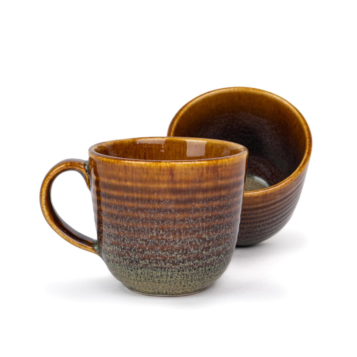 Large Ceramic Coffee Mug Set Of 2 - Brown, 400ml Each | Ceramic Ribbed Mug With Glossy Finish - Mug For Coffee | Ceramic Coffee Mug - Coffee Cup | Microwave Safe & Dishwasher Safe