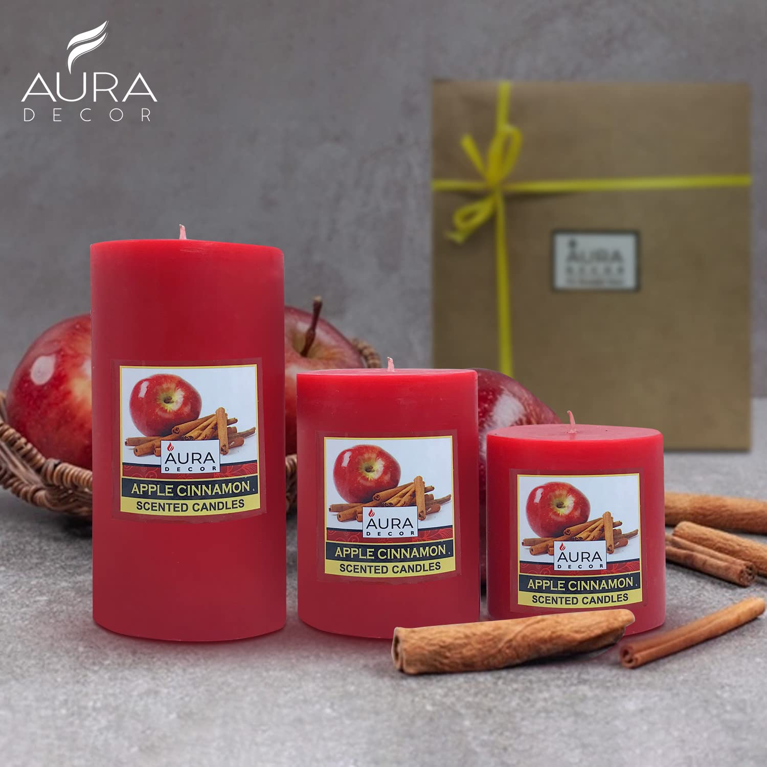 APPLE CINNAMON FRAGRANCE PILLAR CANDLE SET OF 3 | PERFECT FOR CANDLIGHT DINNER