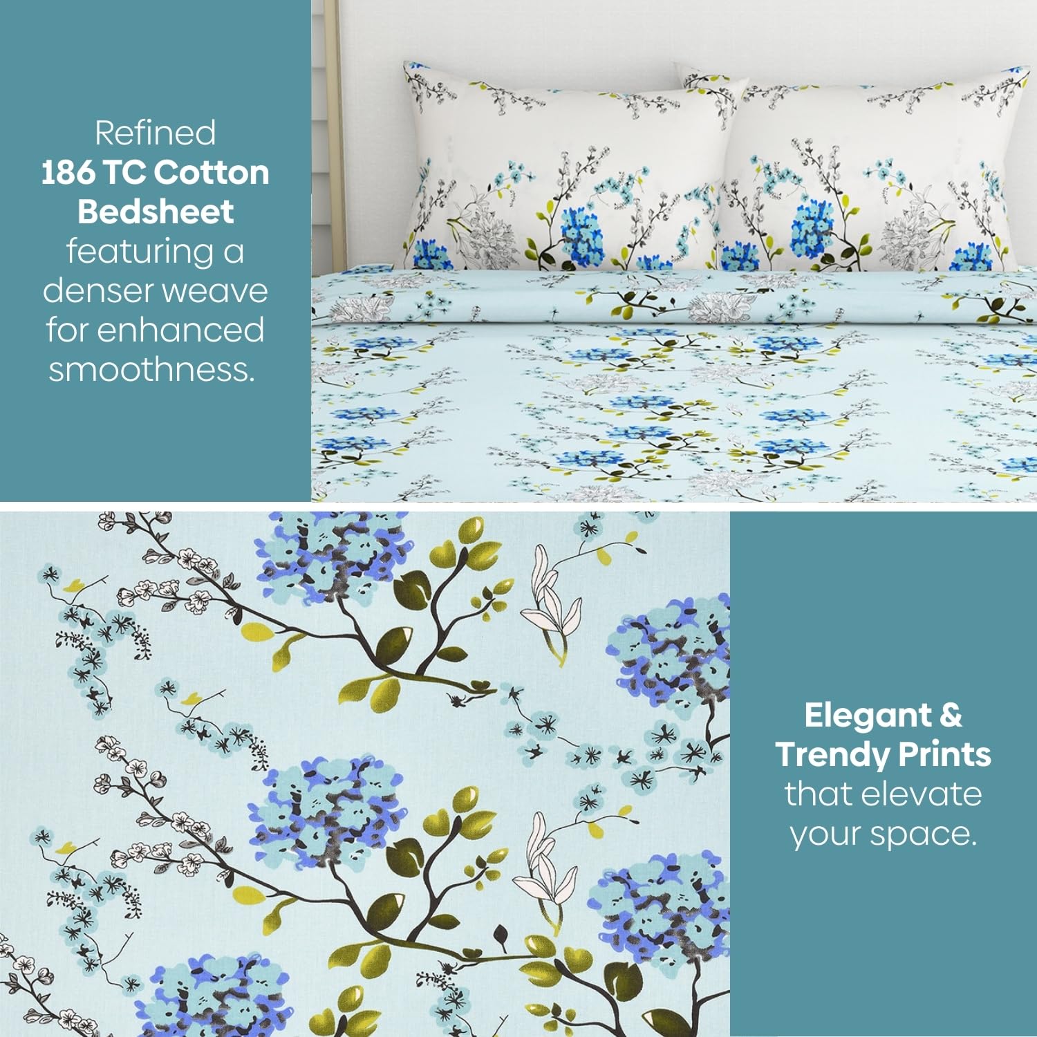 Pure Cotton Queen Size Bedsheet With 2 Matching Pillow Covers - 90 X 100 Inches, Sky Blue & Green | Easy Care & Long-Lasting Fabric