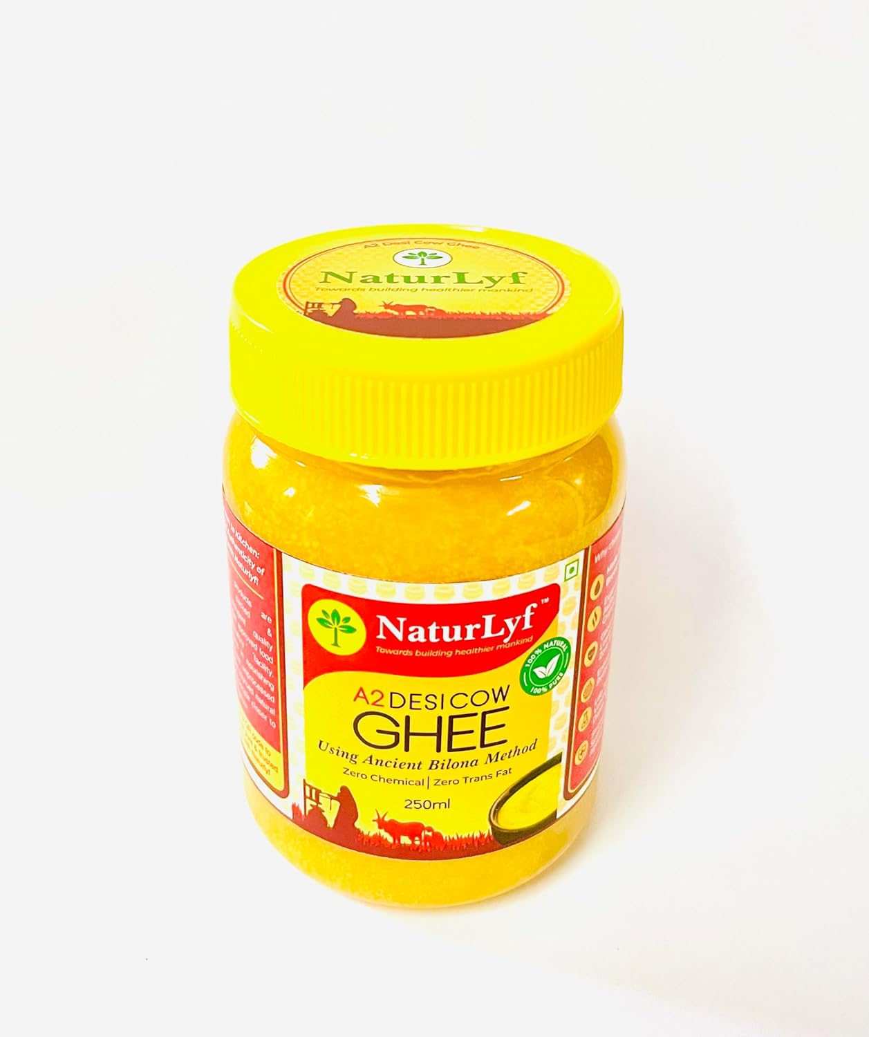Natural A2 Desi Cow Ghee By Naturlyf | Churning With Bilona Method Indian Breed Cow Milk Desi Ghee For Bones Health | (250ml) 8.4 Ounce | Jar Pack