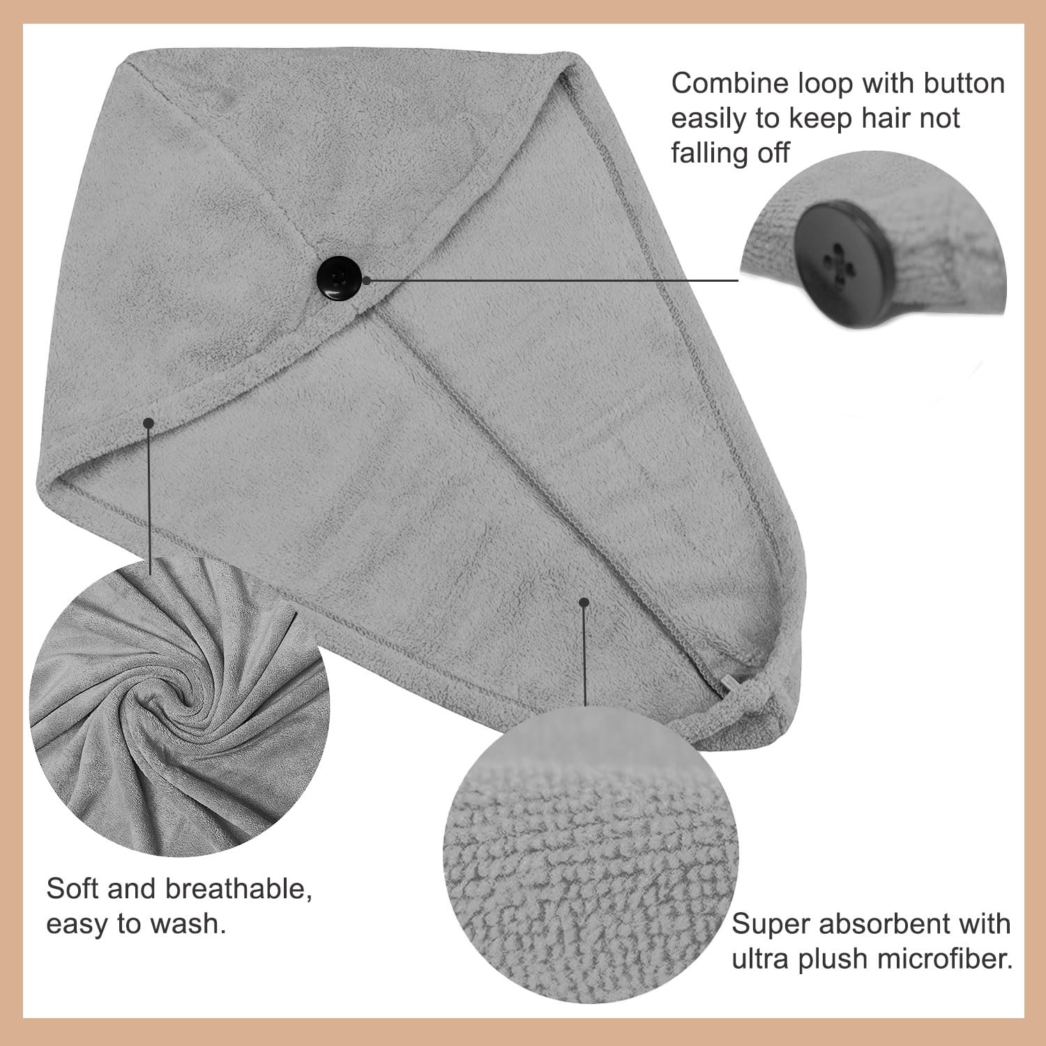 Sassoon Venir Microfiber Hair Wrap Towel 450 Gsm | For Women With Smooth Texture Super Absorbent Quick Dry Hair Turban (Grey)