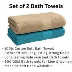 Stamio Cotton Bath Towel 1200 Gsm | Two Ply Combed, Extra Soft & Absorbent Large Full Size Towels For Bathing, Home, Sports, Salon, Hotel Use (Beige & Turquoise Green) - 2 Pcs