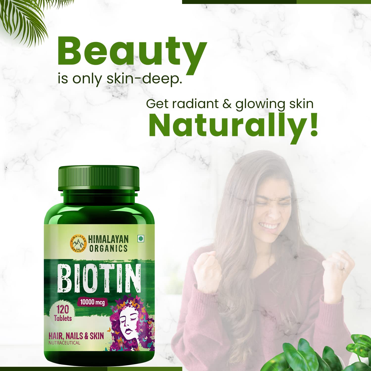 Himalayan Organics Biotin 10000mcg For Hair Growth , Nails & Skin | 120 Tablets , 200gm 0.4lbs