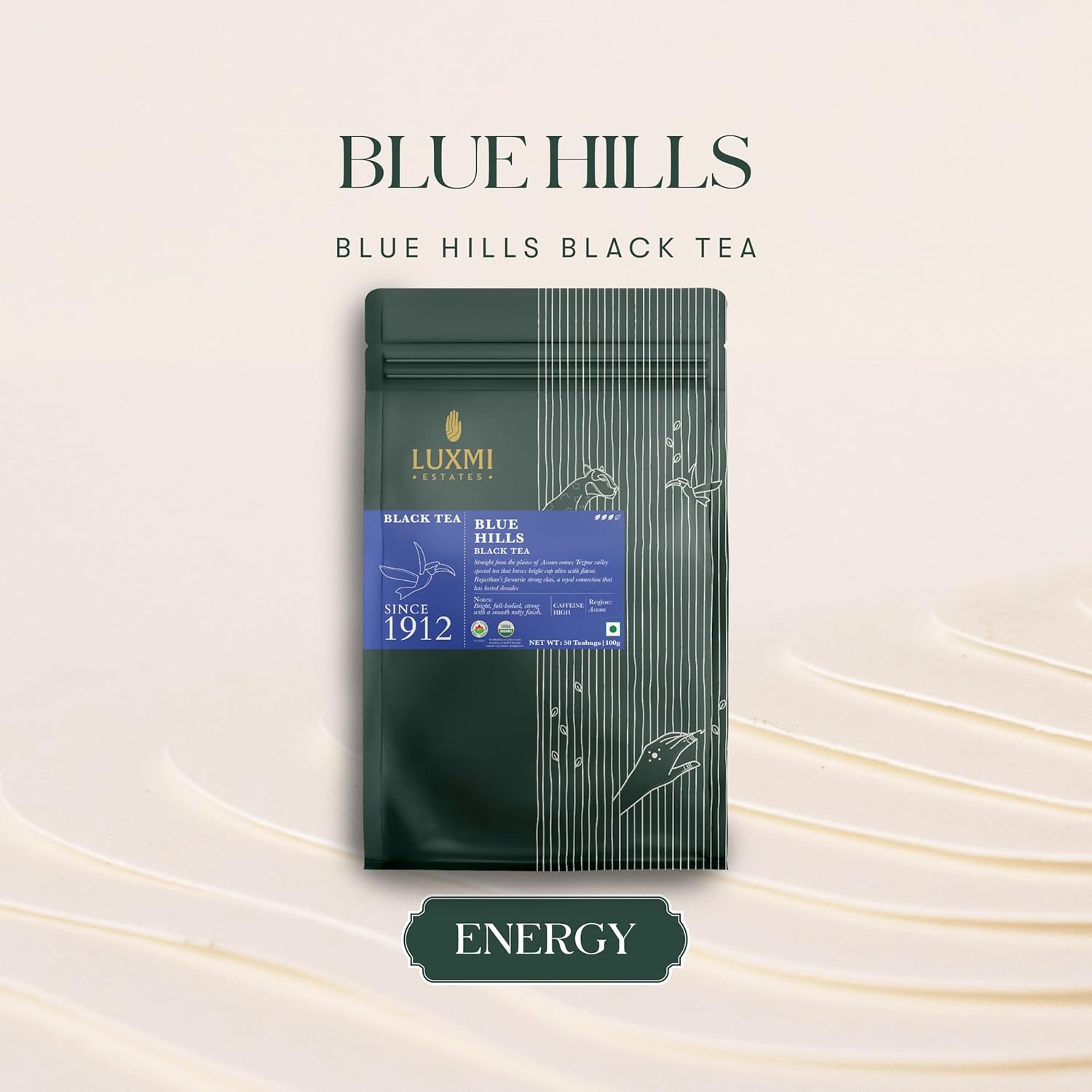 Luxmi Estates Blue Hills Black Tea - 100gm, 3.5 Ounce, 50 Tea Bags | USDA Certified Organic Herbal Tea -Strong Assam Flavor | High Caffeine Black Tea