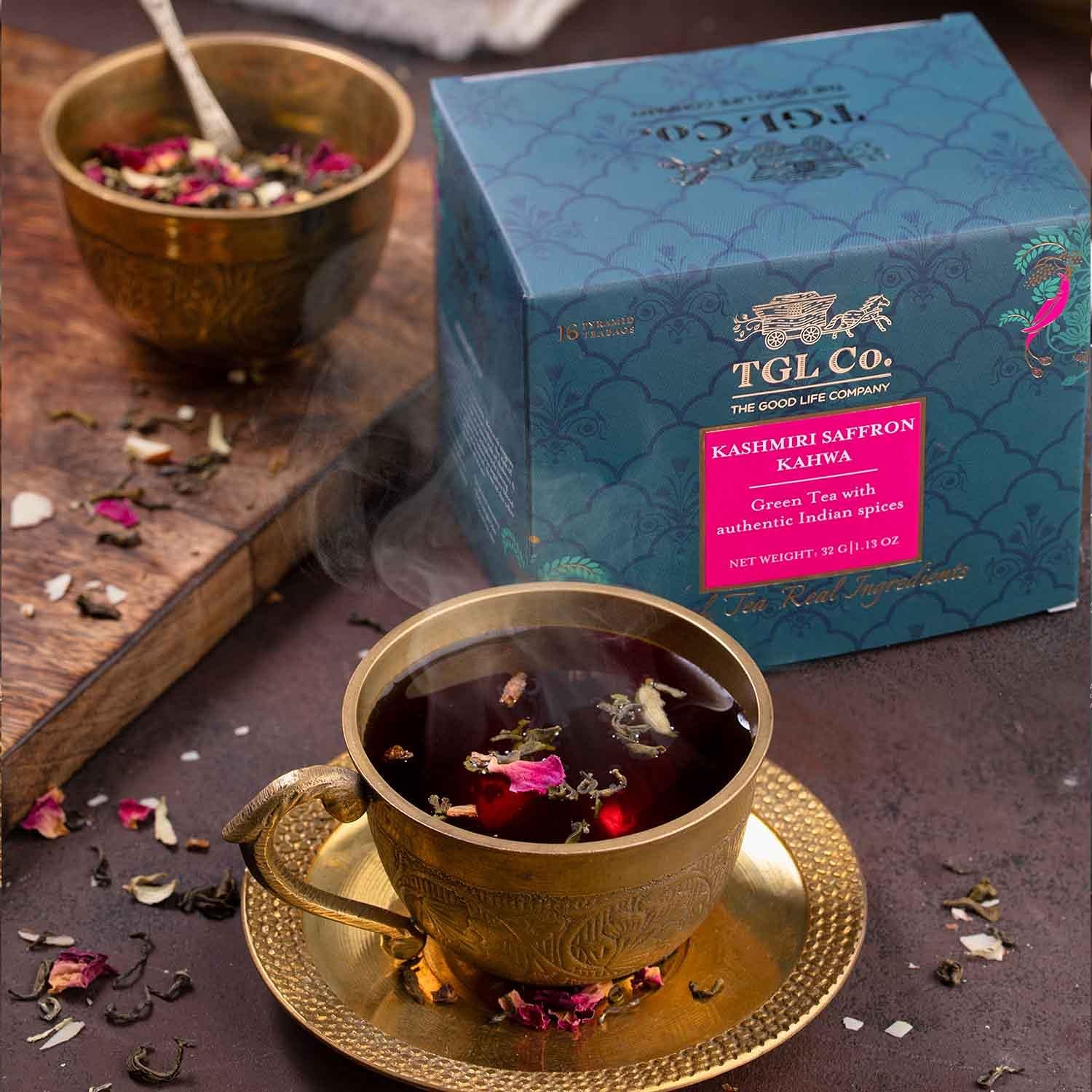 TGL Co. Kashmiri Saffron Kahwa Green Tea - Pack Of 3 X 16 Pyramid Tea Bags | Enhance Digestion, Boost Immunity, Relieves Stress - Medium Caffeine, Rich In Taste