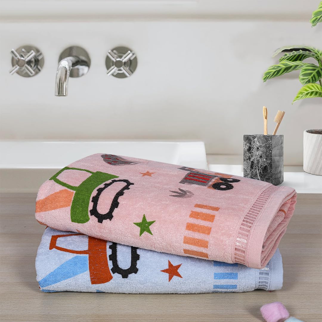 Rangoli 100% Cotton Kids Bath Towel 800 Gsm | Super Soft & Highly Absorbent, Anti-Bacterial & Anti-Odour, Multipurpose Towels (Peach & Blue) - Pack Of 2
