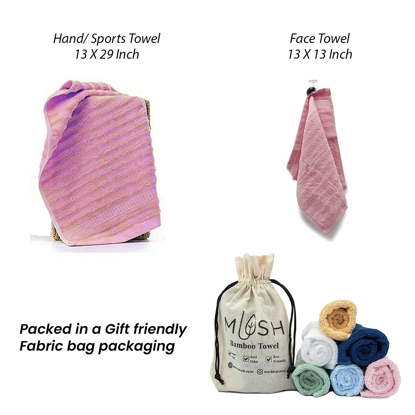 Mush 100% Bamboo Face & Hand Towel 450 Gsm | Ultra Soft, Absorbent, Quick Dry Towels For Facewash, Gym, Pool, Sports, & Travel - Pink (Pack Of 2)