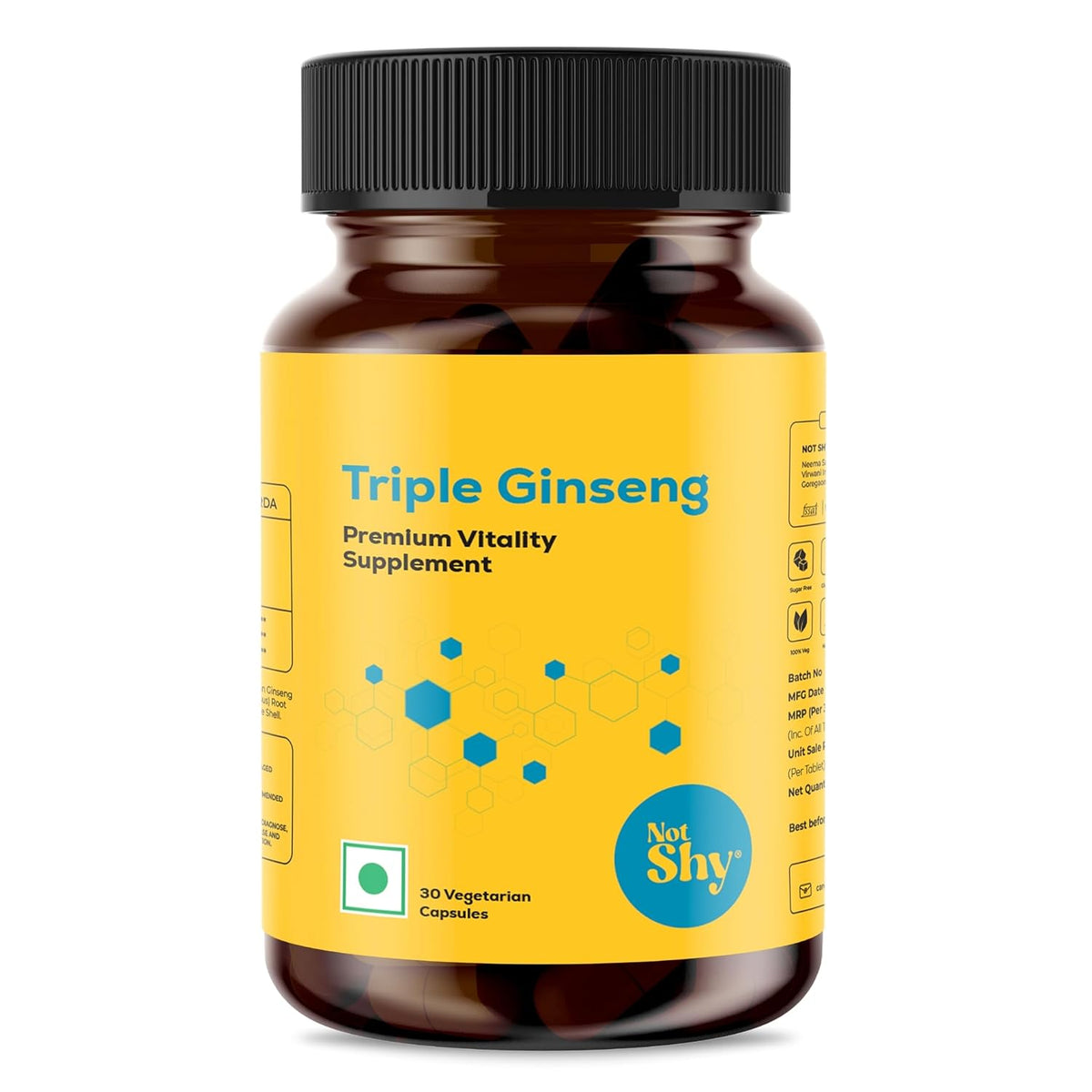 Not Shy Triple Ginseng Blend Of Korean, American & Siberian Ginseng, For Men & Women | 30 Veg Capsules 100gm 0.2lbs