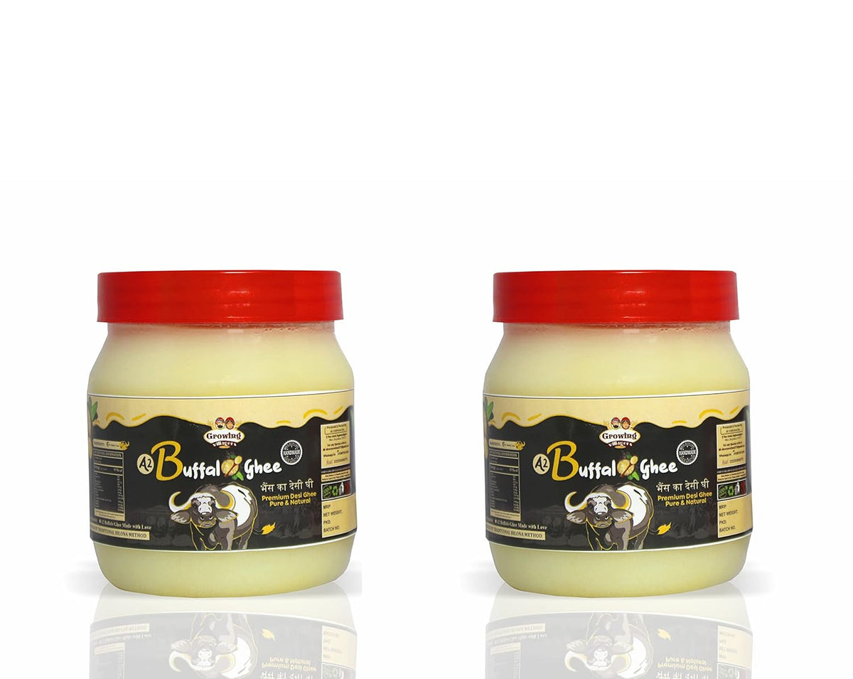 Organic Pure A2 Buffalo Ghee By Growing Villagers | Good Source Of Energy Healthy & Nutrients Desi Ghee Improves Digestion | 1 Litre (500ml * 2) 33.8 Ounce | Jar Pack