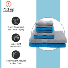 Patpug 100% Indian Cotton Plush Towel Set 2000 Gsm | Highly Absorbent, Fade Resistant, Quick Drying 2 Bath, 2 Hand & 4 Face Towel (Turquoise Blue & Silver Grey) - 8 Piece