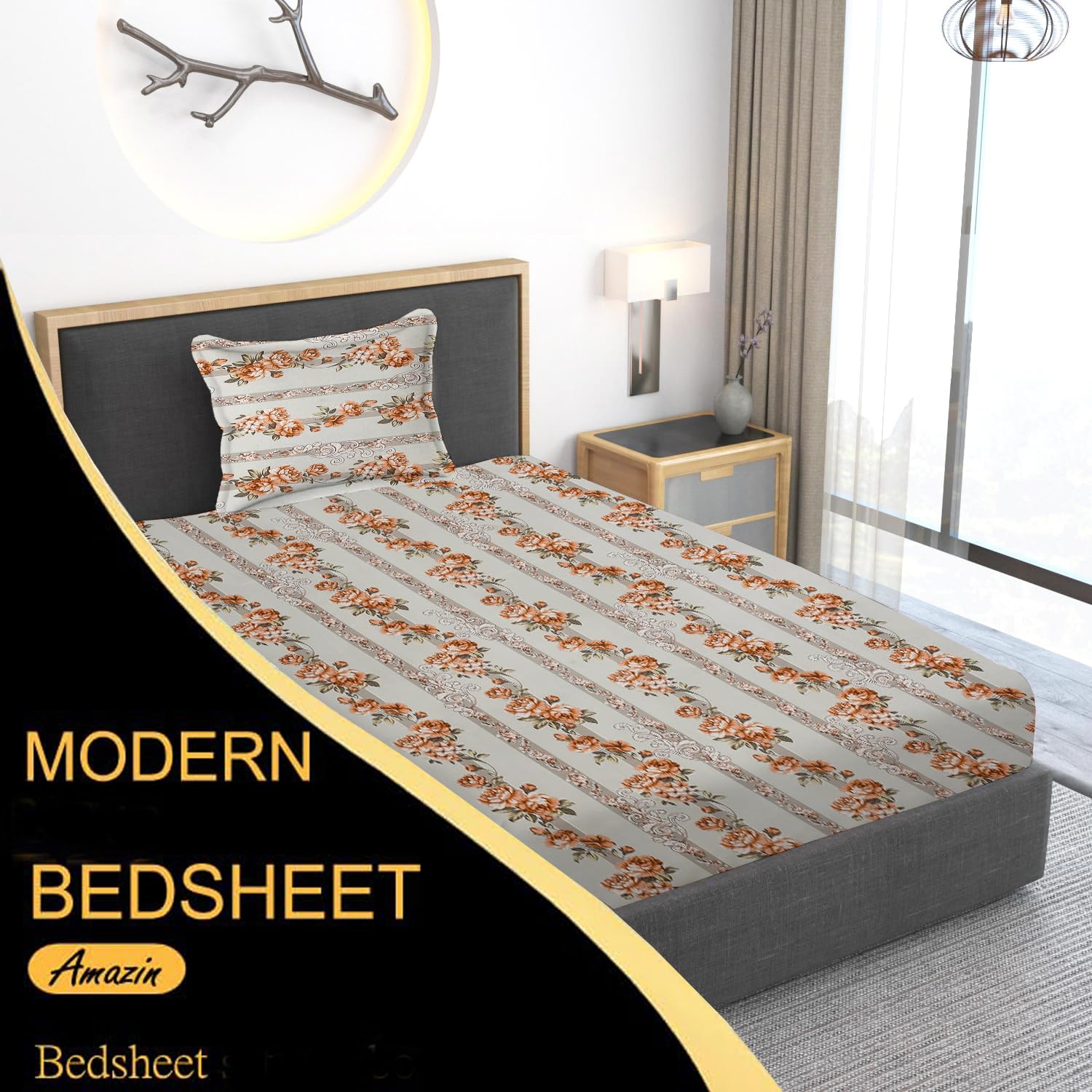 180 TC Print Cotton 1 Single Bedsheet With 1 Pillow Cover - 60 X 90 Inches, Brown | Soft & Breathable Fabric, Skin-Friendly Bed Sheet For All Seasons
