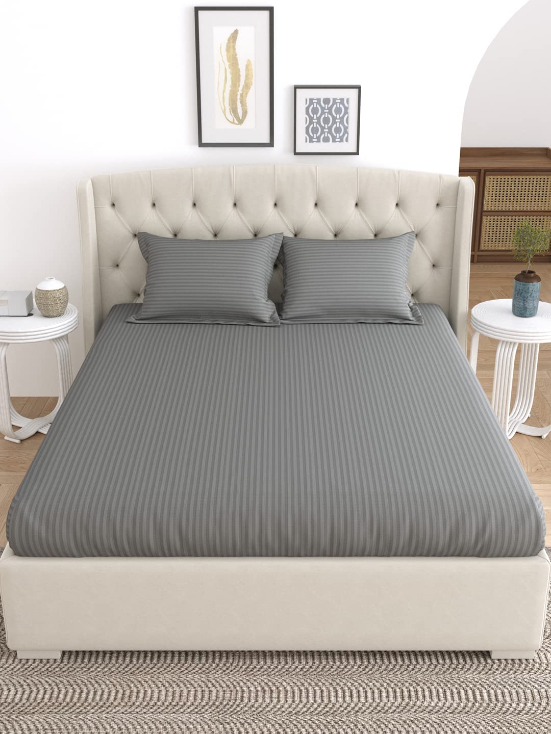 King Size Fitted Bedsheet With 2 Pillow Cover - 72 X 78 Inches, Grey | Super Soft Premium Brushed Glace Cotton Bedsheet, Breathable & Wrinkle Free