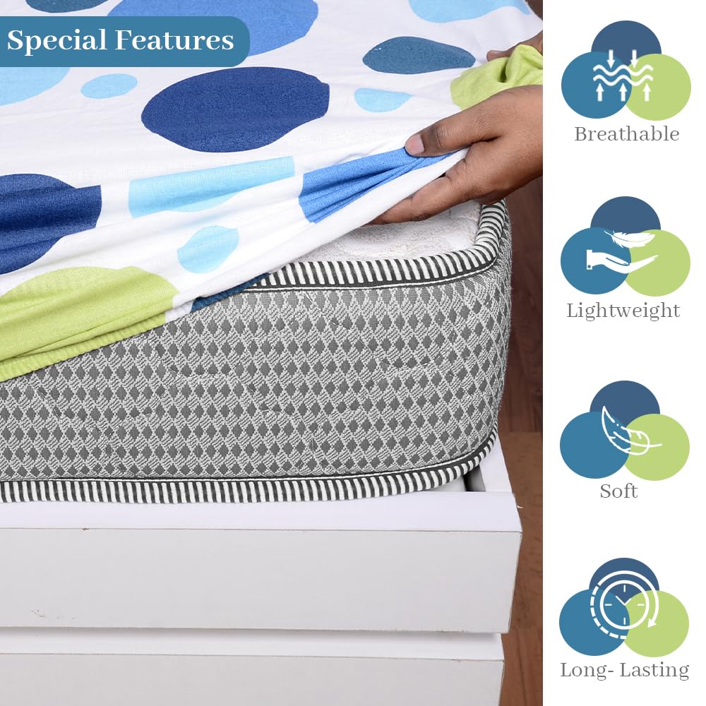 Super Soft Single Fitted Bedsheet With 1 Pillow Cover | 57 X 78 + 6 Inches, Blue & White - Perfect For Use In Bedrooms, Guest Rooms, Dormitories