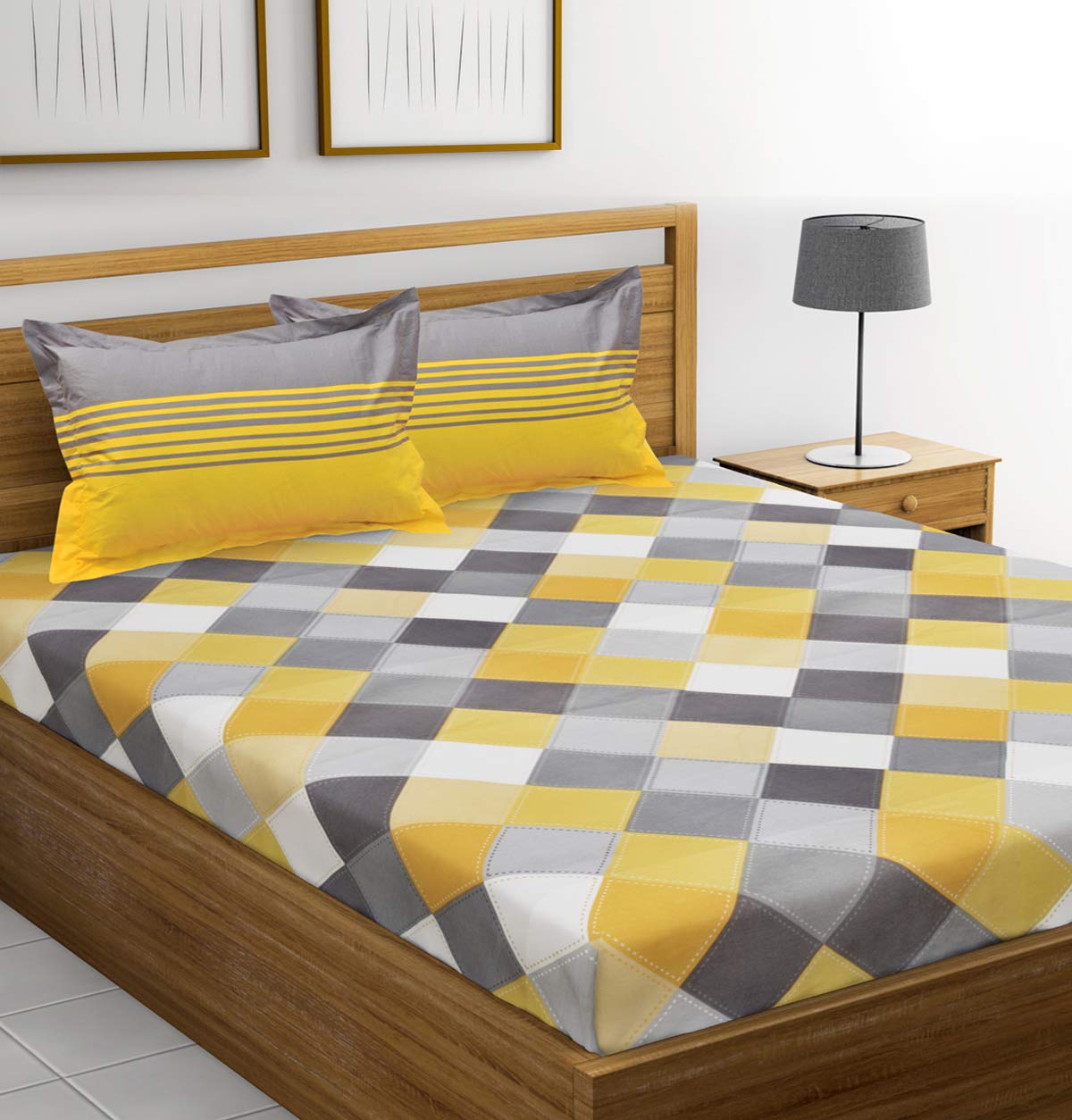Bedsheet For Double Bed With 2 Pillow Covers - 88 X 96 Inches, Yellow & Grey | Color Fade Resistant Bedsheet | Ideal For Hotel, Guest House
