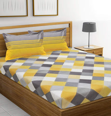 Bedsheet For Double Bed With 2 Pillow Covers - 88 X 96 Inches, Yellow & Grey | Color Fade Resistant Bedsheet | Ideal For Hotel, Guest House