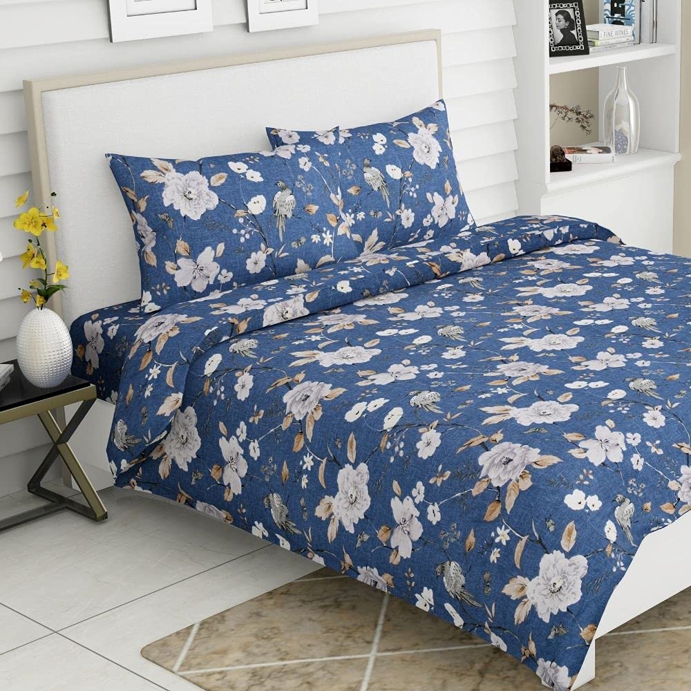 Bedsheet King Size 100% Pure Cotton Floral Sheet With 2 Pillow Covers | 108 X 108 Inches, Blue & White | Perfect For Gifting On Weddings, Housewarmings, Or Anniversaries