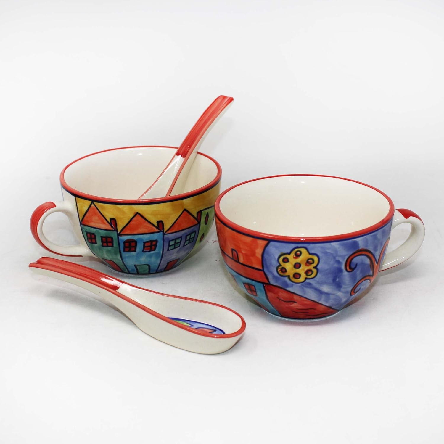 Exotic Panorama Hand Painted Handled Ceramic Soup Bowls With Spoons Set Of 2 - 300ml Each, Multicolor | Serving Bowls With Matching Spoons | Ceramic Soup Cups - Microwave Safe & Dishwasher Safe