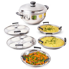 Stainless Steel Idli, Dhokla, Momo Maker - Multi Pot & Steaming Set | Small, 5 Plates, 23cm - 9 Inch, 3 Liters, 1.7 Kg - Nonstick 3-Layer Bottom | Induction Friendly - Tri-Ply Sandwich Bottom