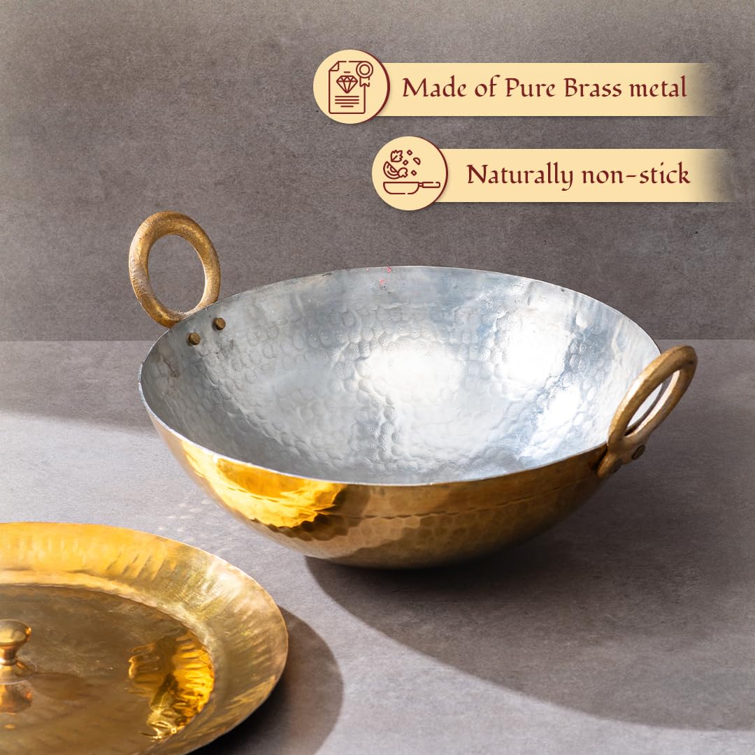 Non-Stick Brass Kadhai, 3 Liters | Brass Kadai For Cooking & Serving | Tin Coating - Antique Golden Brass Kadhai