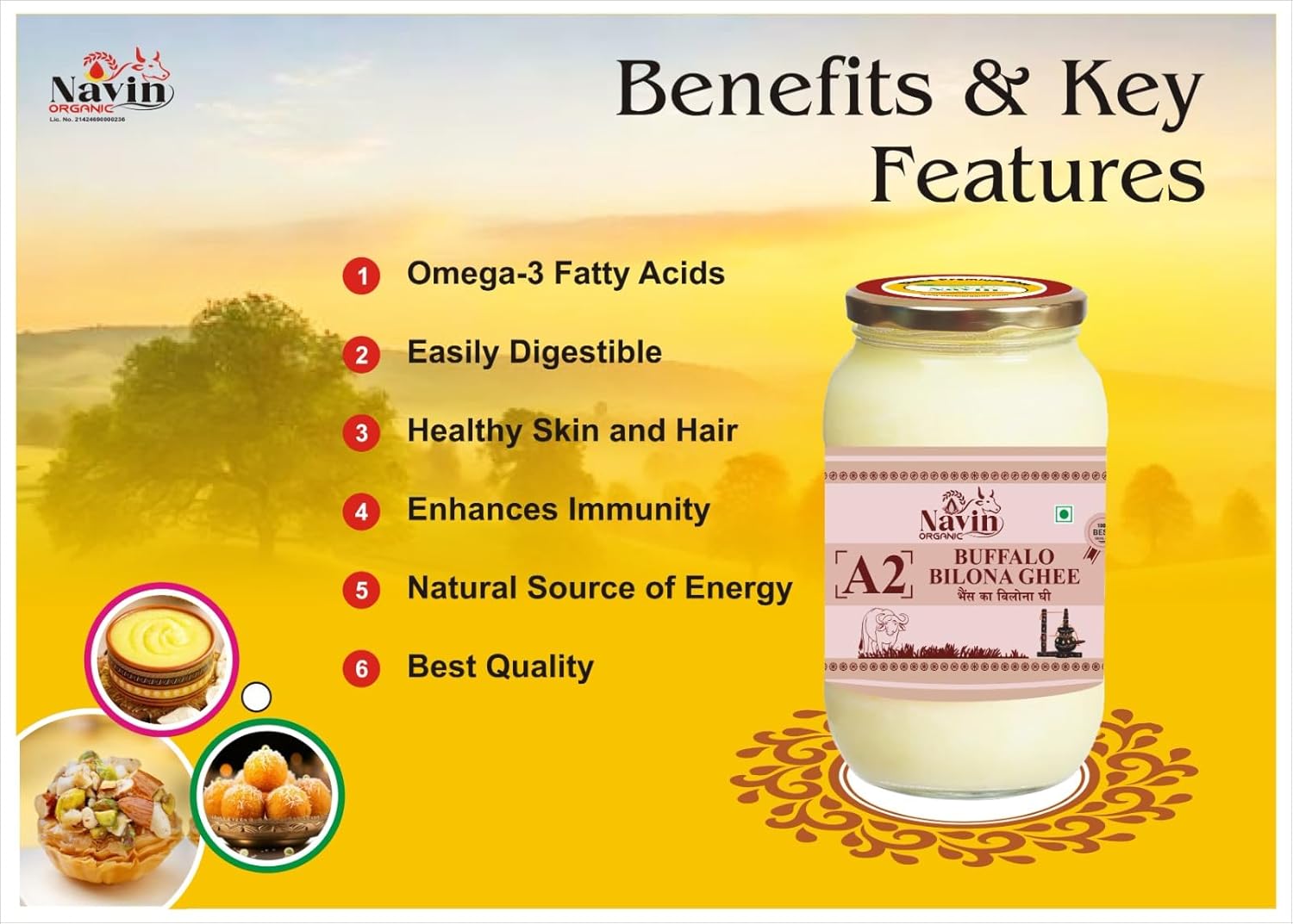 100% Pure A2 Desi Buffalo Bilona Ghee By Navin Organic | Rich In Nutrients & Delicious Healthy Desi Buffalo Ghee Good For Sweets | 2 Litre (1 Litr * 2) 67.6 Ounce | Jar Pack