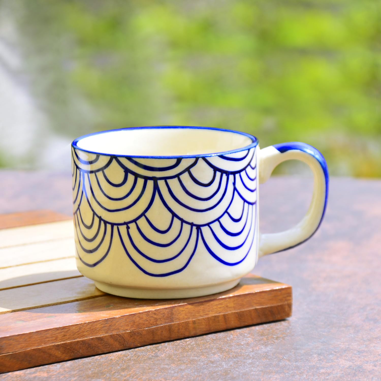 Hand Painted Blue Spiral Ceramic Cups Set Of 4 - Blue, 150ml Each | Microwave & Dishwasher Safe Tea Cups & Mugs - Cups For Chai, Coffee, Cappuccino, Milk, Latte, Hot & Cold Drinks