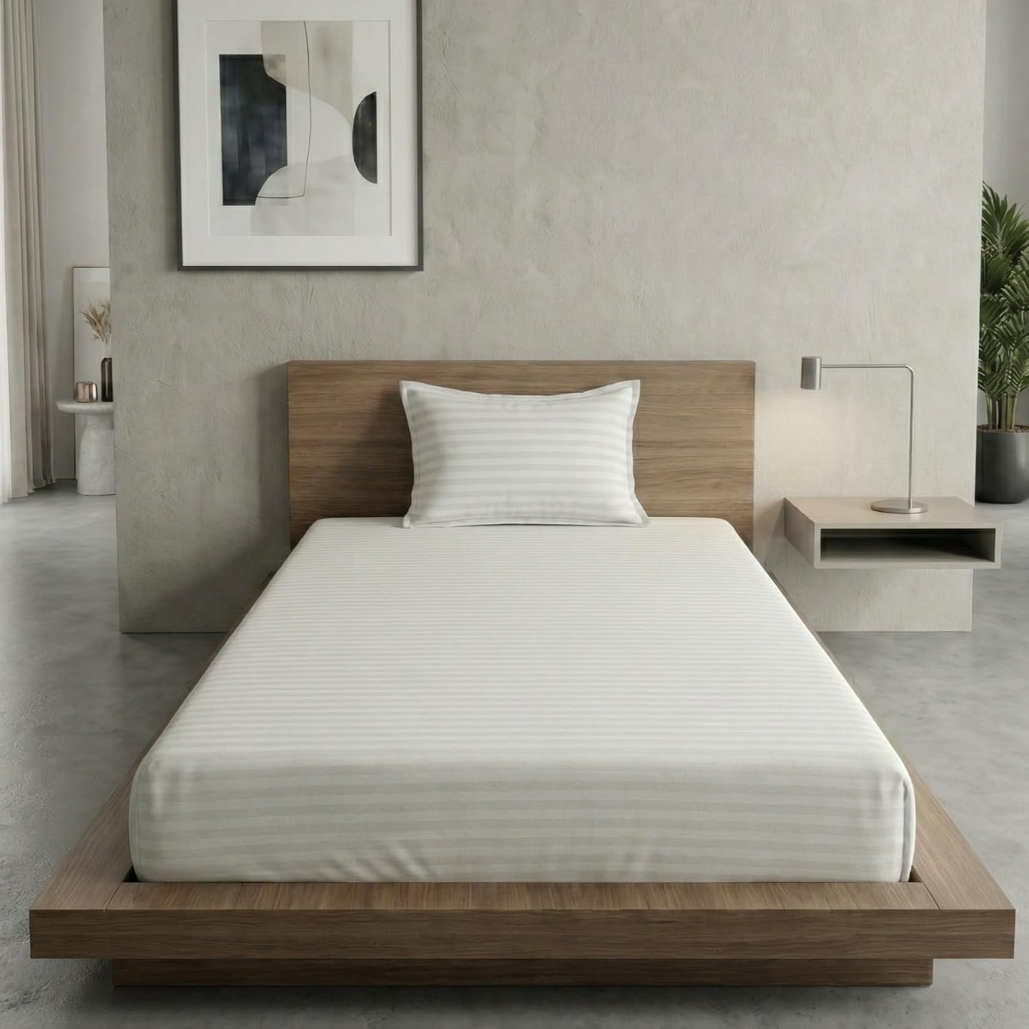 Cotton White Striped Single Bedsheet With 1 Pillow Cover - 55 X 90 Inches | Long-Lasting Color Comfortable Fabric Bedsheet