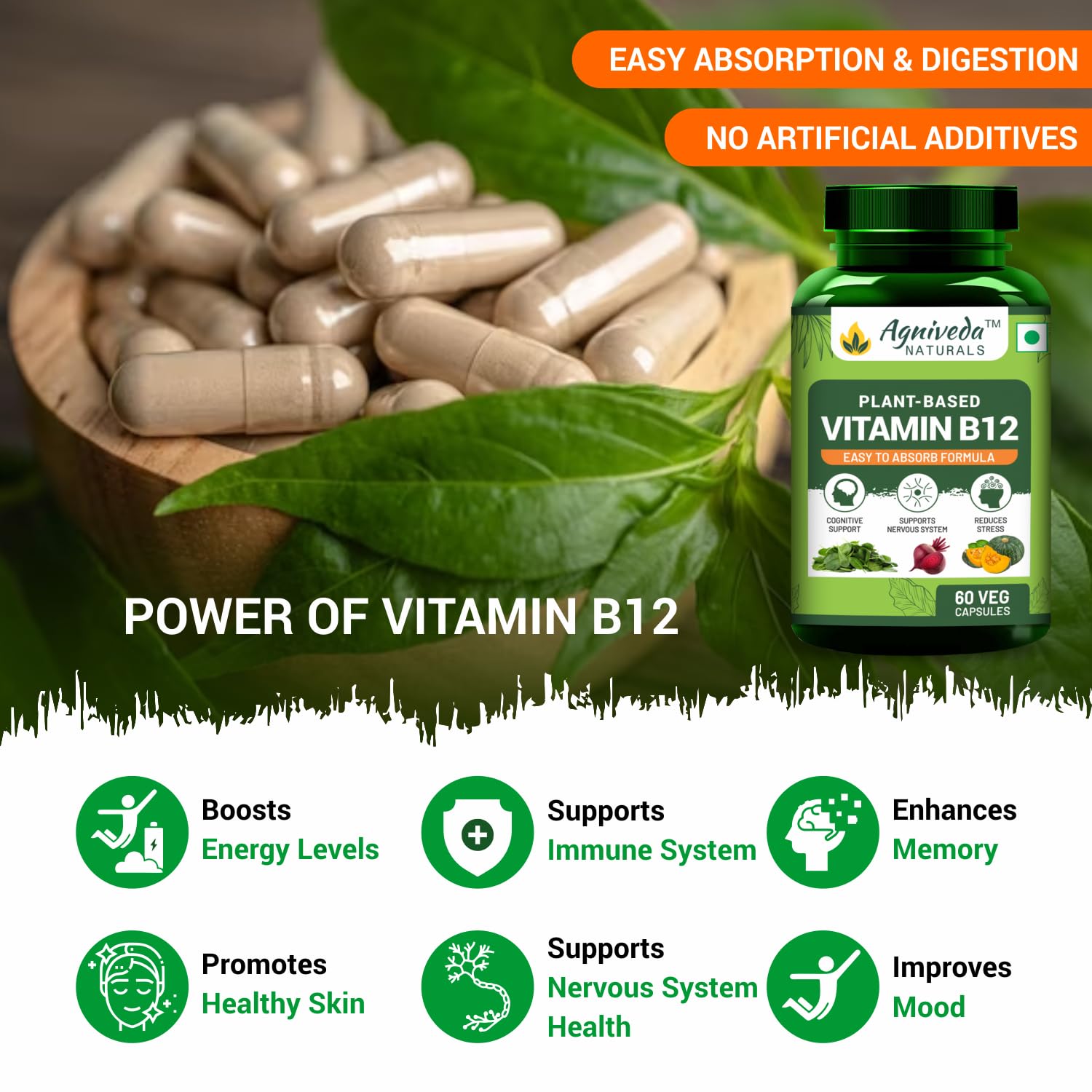 Agniveda Plant Based Vitamin B12 For Men & Women , Natural Formulation For Vegetarians & Vegans To Support Nervous System & Brain Function | 60 Capsules , 100gm 0.2lbs
