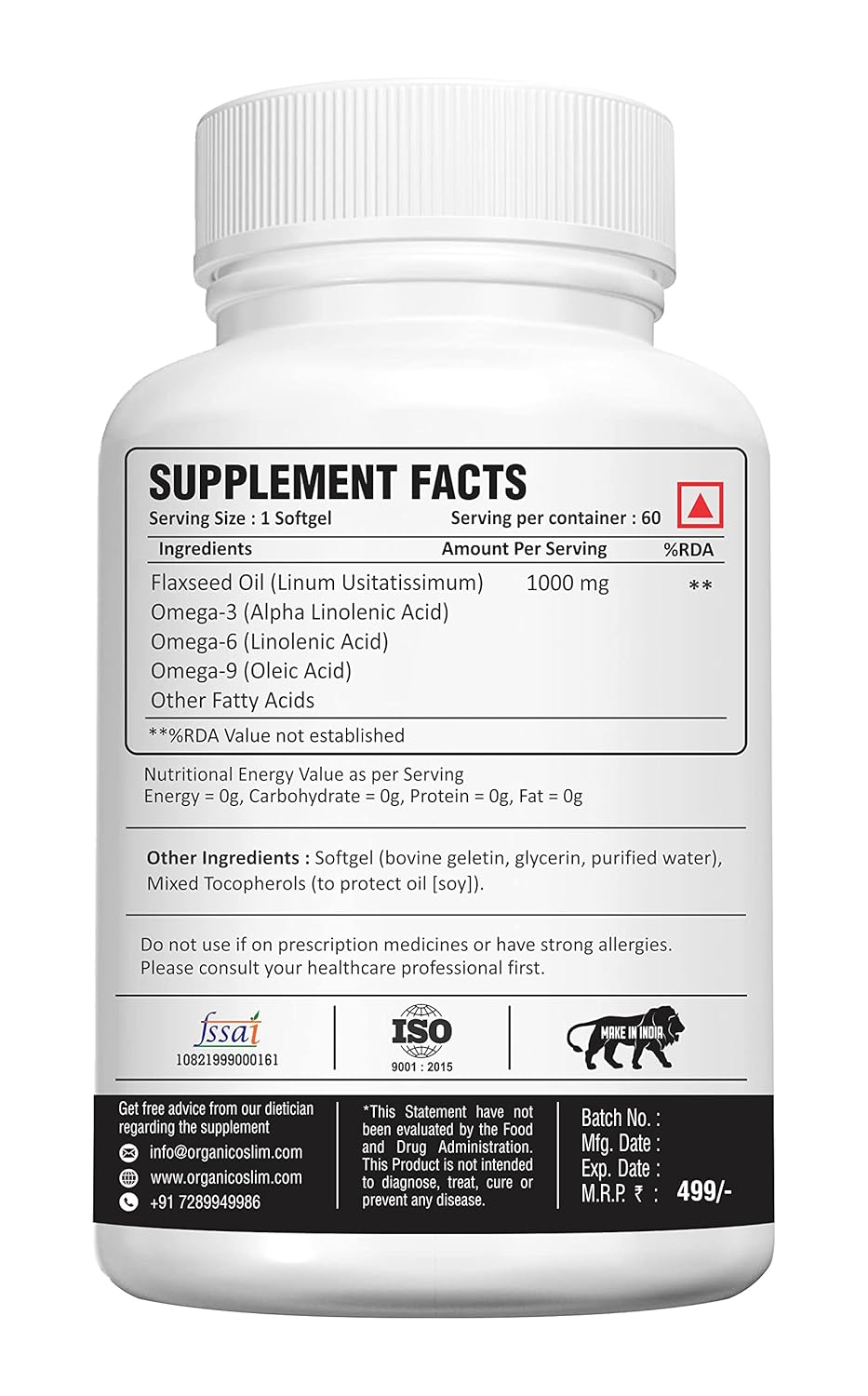 Organico Slim Flax Seed With Essential Fatty Acid Omega 3 6 9 For General Health, Helps Support Bone & Joint Health | 60 Capsules 100gm 0.2lbs