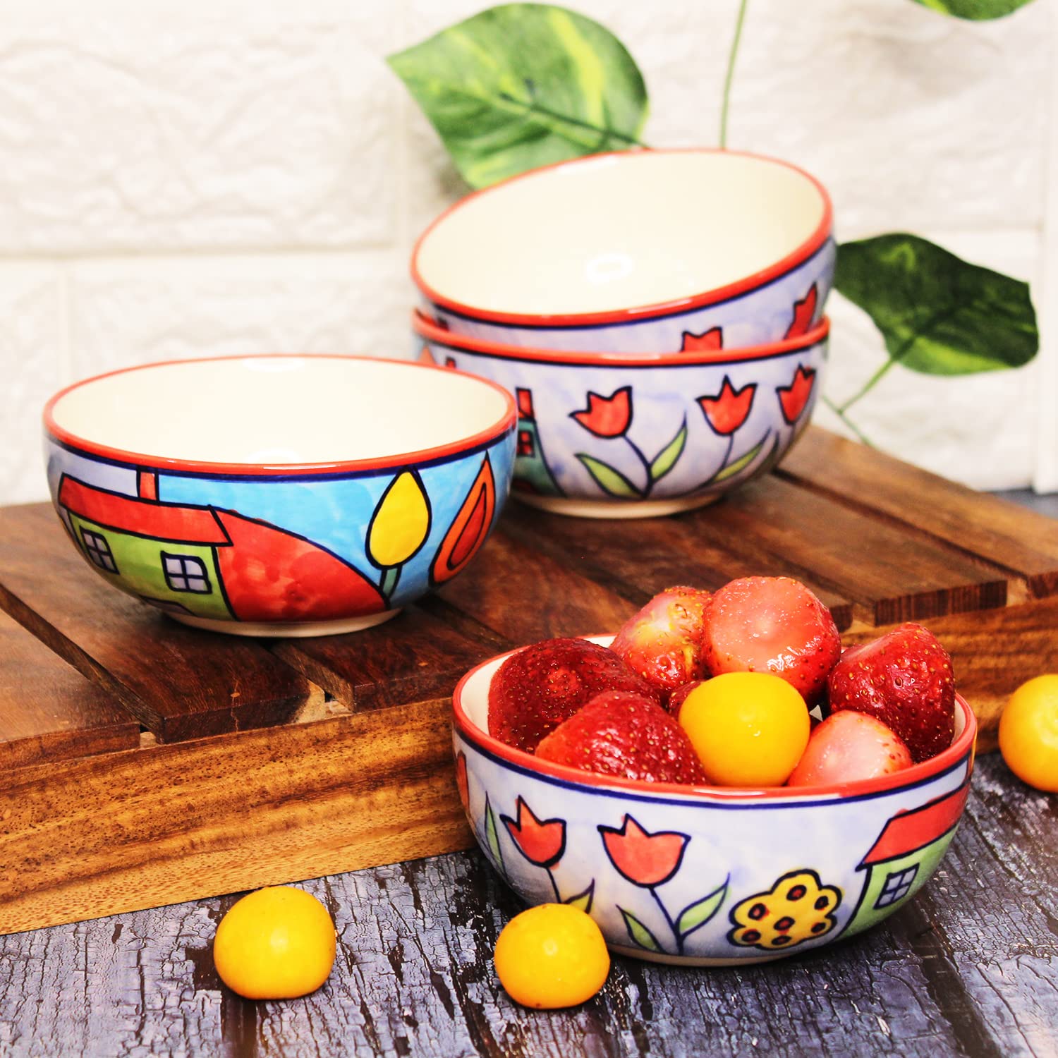 Exotic Panorama Hand Painted Ceramic Dinner Set - 8 Pieces, Multicolor | 4 Dinner Plates + 4 Katori Bowls, 180ml Each Dinnerware Set | Serving For 4, Microwave Safe & Dishwasher Safe