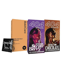 Bold Care Ultra Thin Delay Condoms + 404 Super Thin Strawberry and Chocolate Flavored Condoms - Combo Pack - 30 Pcs