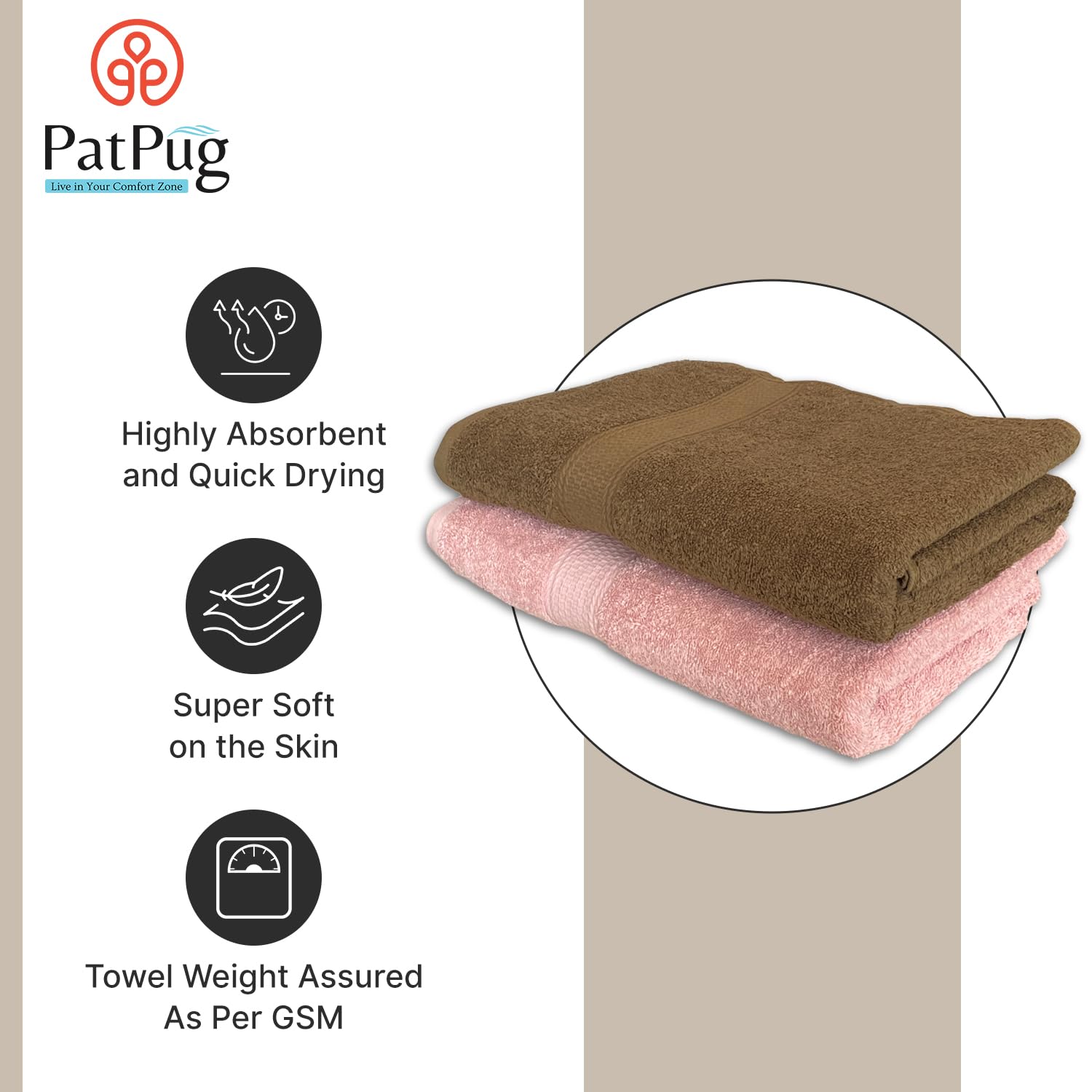 Patpug 100% Indian Ultra Soft Cotton 500 Gsm Highly Absorbent, Fade Resistant, Quick Drying Large Bath Towel (Sepia Brown & Baby Pink)