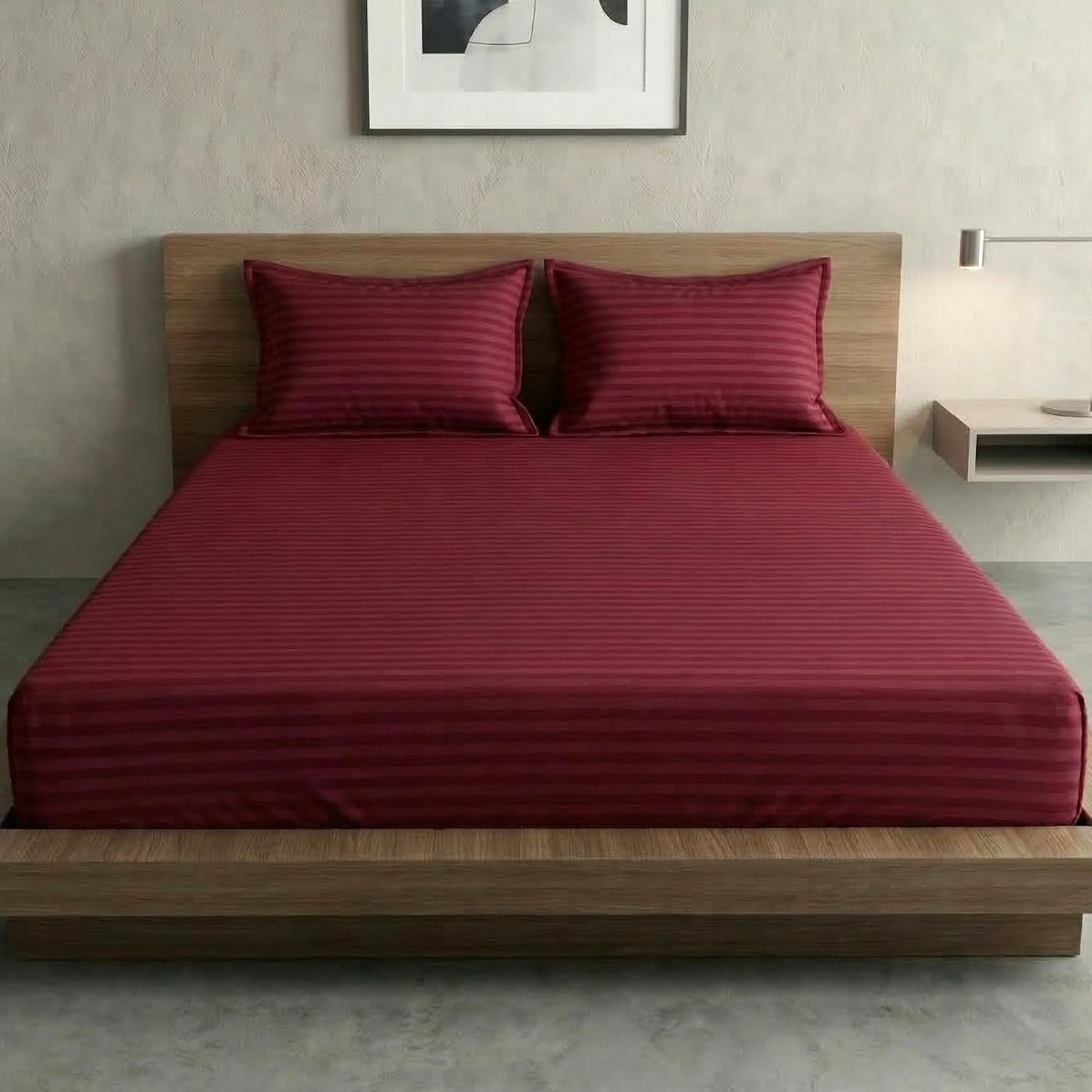 Maroon Satin Stripe Elastic Fitted Double Bedsheet (72x78 Inches) With 2 Pillow Covers | Soft To Touch & Comfortable | 300 Thread Count