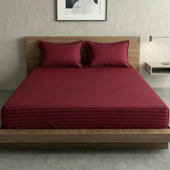Maroon Stripe Flat Double Bedsheet (90 X 92 Inches) With 2 King Size Pillow Covers | Soft To Touch & Comfortable | 300 Thread Count