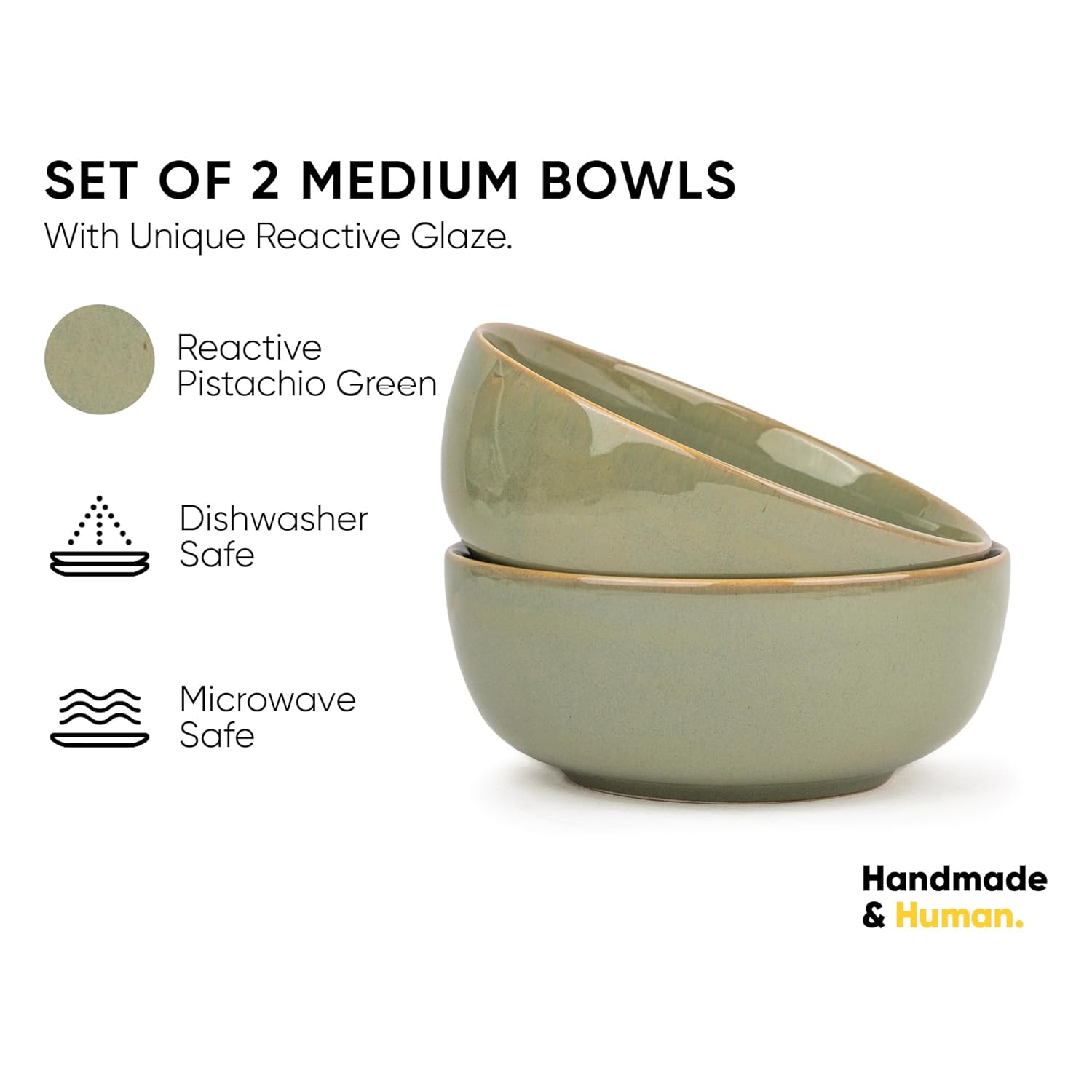 Ceramic Medium Bowl Set Of 2 Pieces - 18cm, Pistachio Green Reactive, 1000ml Each | Glossy Finish Stoneware Ceramic Serving Bowls | Ceramic Bowl - Pasta Serving Bowl | Microwave Safe