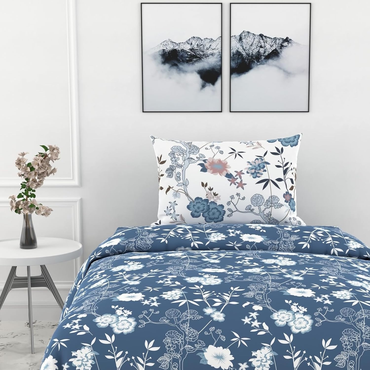 Cotton Bedsheet For Single Bed With 1 Pillow Cover - 54 X 84 Inches, Blush Blue & White | Soft Touch Cotton Fabric-Comfortable & Durable | Elegant Printed Bedding Set For Daily Use