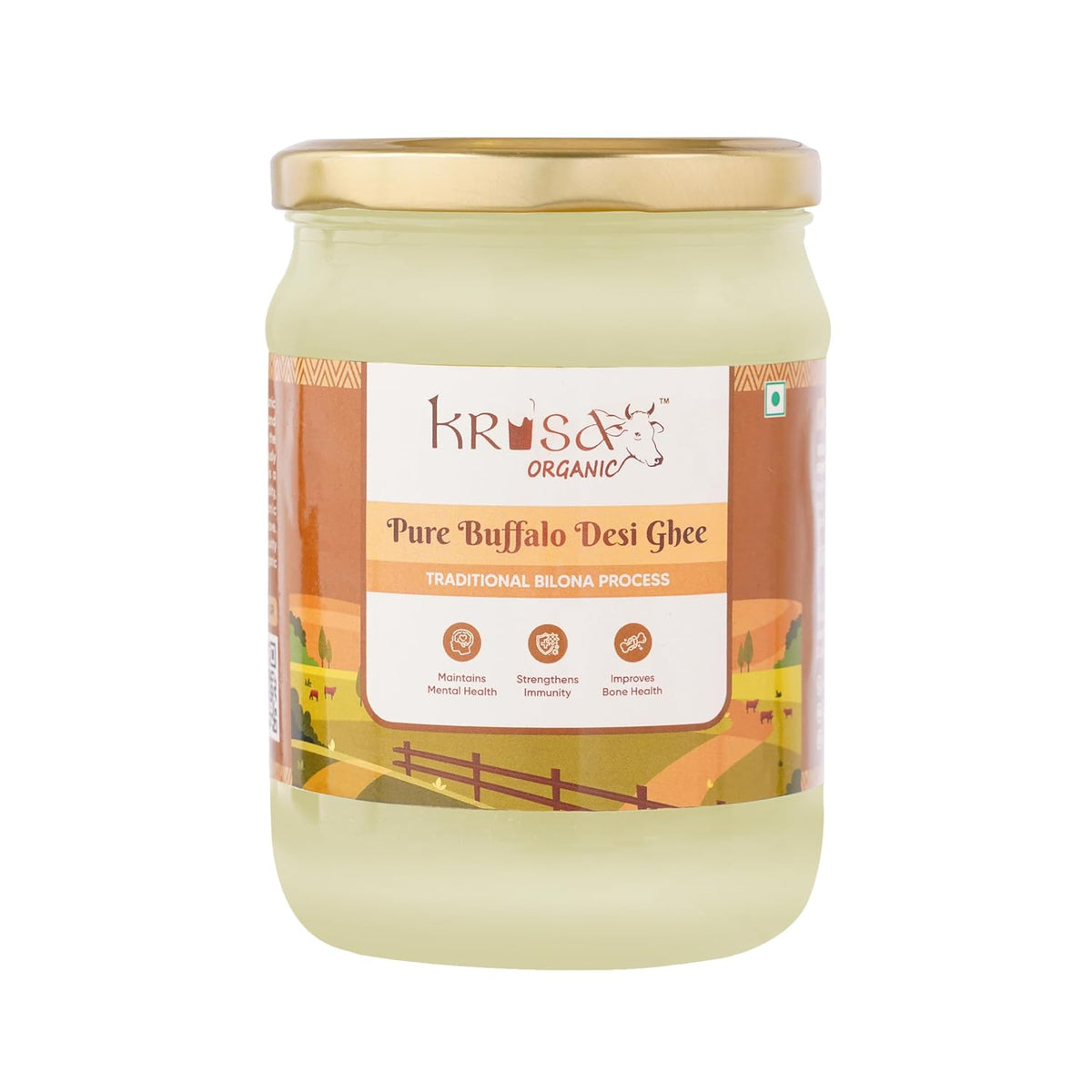 Organic Pure Buffalo Desi Ghee By Krisa Organic | Rich In Nutrients & Vitamins A, D Healthy Pure Desi Ghee Perfect For Muscles | (500ml) 16.9 Ounce | Jar Pack