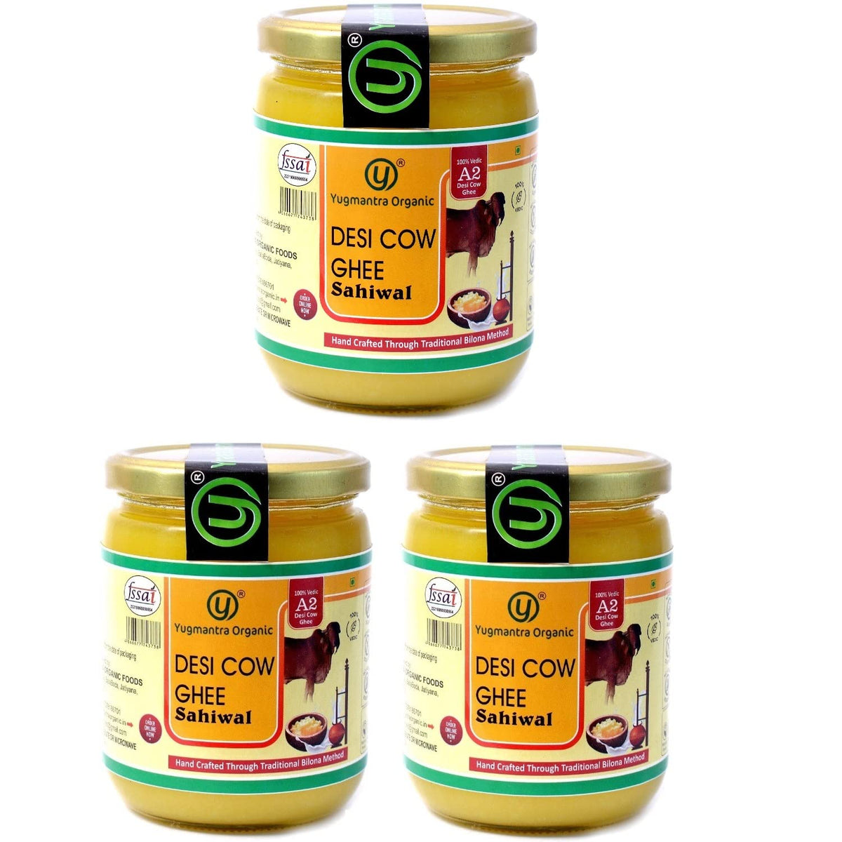 Premium A2 Danedar Desi Sahiwal Cow Ghee By Yugmantra Organic Foods | Healthy & Delicious Desi Ghee For Daily Pooja & Daily Kitchen Dishes | 1500ml (500ml * 3) 50.7 Ounce | Jar Pack