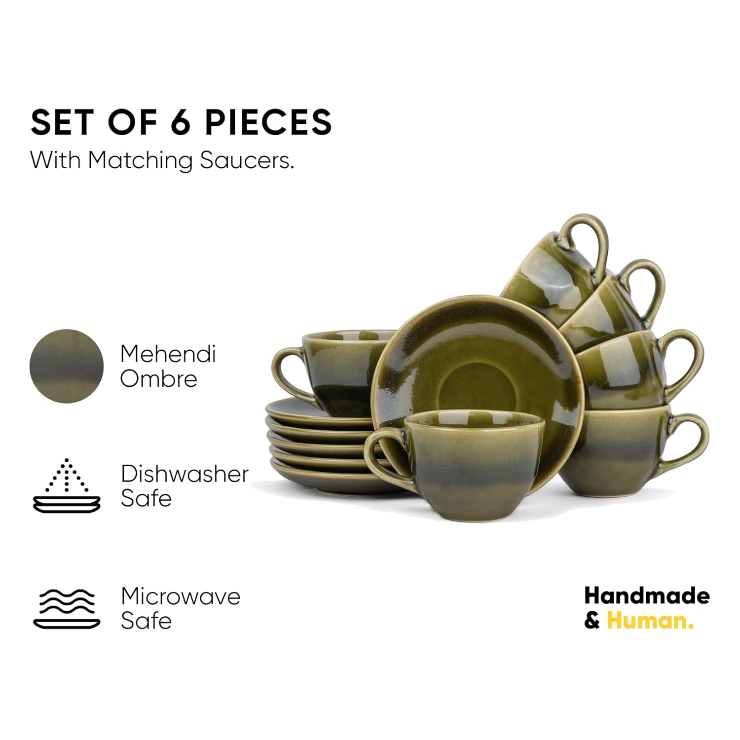 Ceramic Cup & Saucer Set Of 6 - Mehndi Ombre, 200ml Each Cup | Cup Saucer Set - 6 Cups + 6 Saucers | Tea Set With Glossy Finish - Ceramic Tea Cup & Saucer Set | Microwave & Dishwasher Safe