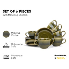 Ceramic Cup & Saucer Set Of 6 - Mehndi Ombre, 200ml Each Cup | Cup Saucer Set - 6 Cups + 6 Saucers | Tea Set With Glossy Finish - Ceramic Tea Cup & Saucer Set | Microwave & Dishwasher Safe