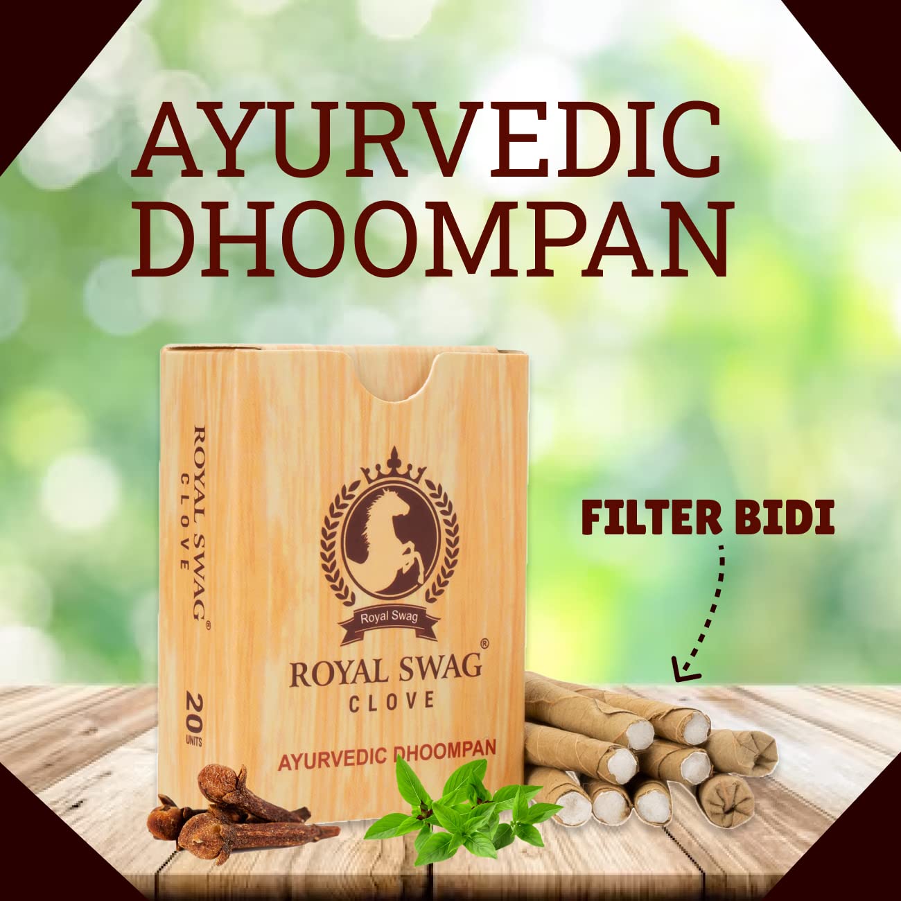 Royal Swag Ayurvedic Herbal Filter Bidi For Smoking 100% Tobacco-Free, Nicotine-Free (Pack Of 20 Sticks) Herbal Smokes (Made With Aurvedic Herbs) | 100% Natural Ingrediens Clove & Tulsi (Bidi With Filter)