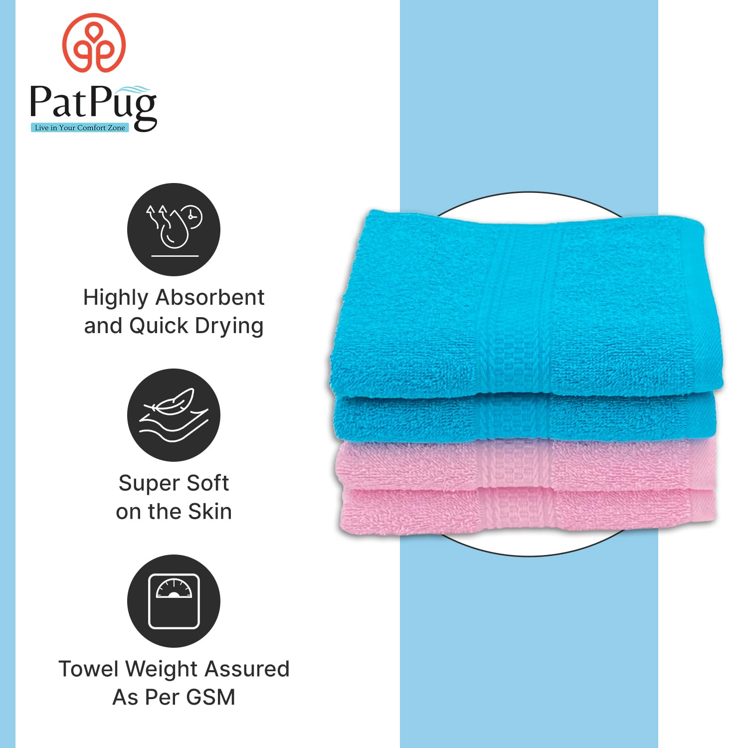 Patpug 100% Indian Ultra Soft Cotton Hand Towel 800 Gsm | For Gym, Workout, Yoga, Wash Basin (Cool Aqua & Baby Pink) - 4 Piece