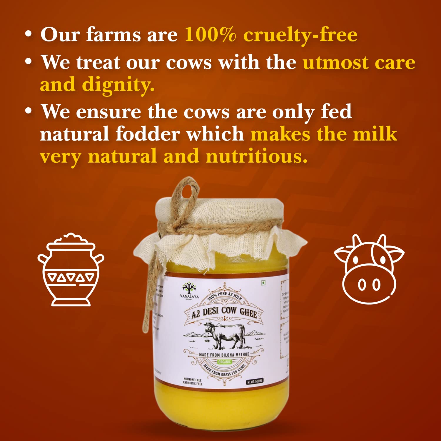 100% Pure A2 Desi Gir Cow Ghee By Vanalaya | Rich Source Of Vitamin A & Healthy Delicious Pure Desi Ghee For Diet | (500ml) 16.9 Ounce | Jar Pack