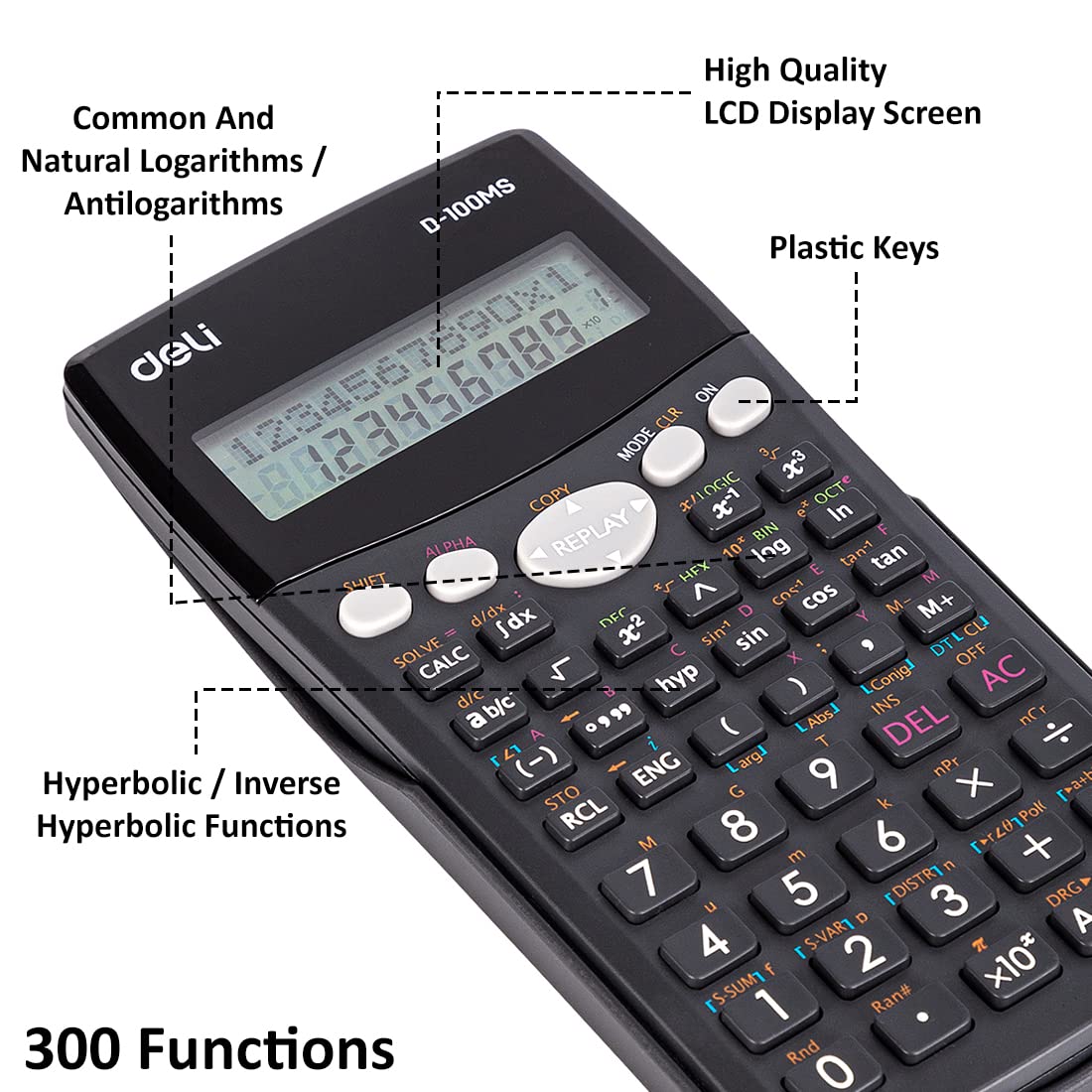 Deli WD-100ms Scientific Calculator | 300 Fractional Arithmetic Function | 2 Line Led Display | 3 Years Warranty - (Black)
