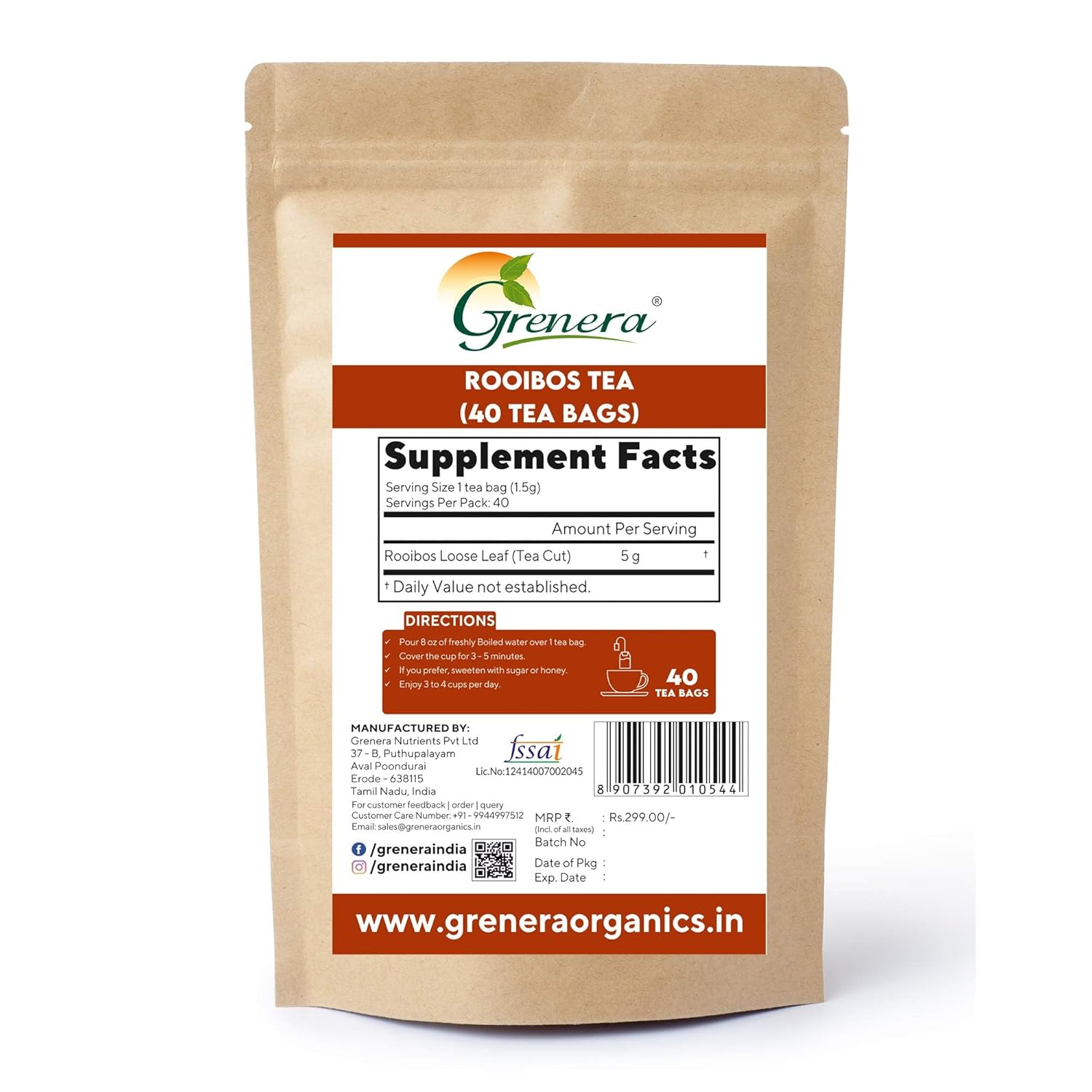 Grenera Rooibos Tea Bags - 60gm, 2.1 Ounce, 40 Dip Tea Bags | Herbal Dietary Supplement - Caffeine Free, Gluten Free, Non GMO