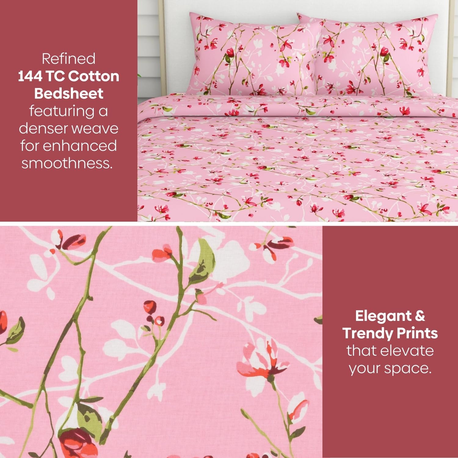 Queen Size Bed For Elastic Fitted Bedsheet With 2 Pillow Covers | 50 X 78 X 10 Inches, Pink & Red | Softness, Durability & Comfort | Perfect For Everyday Use