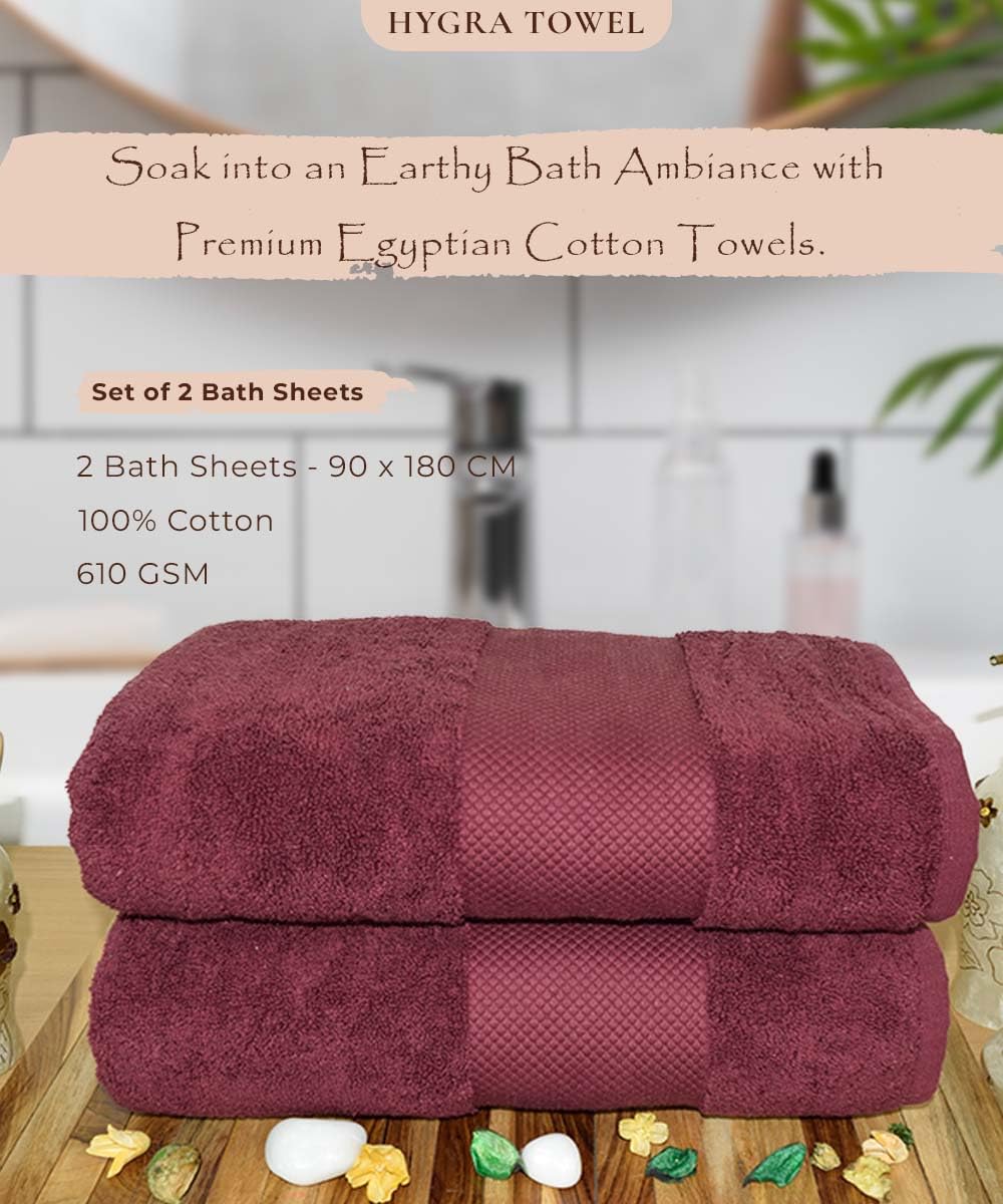 Rangoli Soft Absorbent Durable Towels Earthly Egyption Cotton Plush Oversized Large Size Bath Towel 1200 Gsm (Maroon)- Pack Of 2