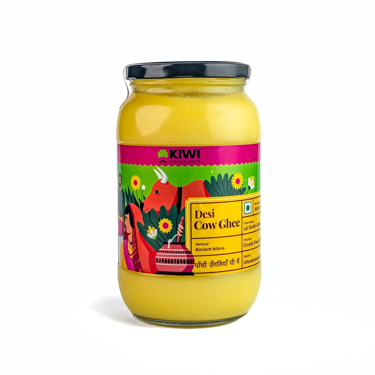 Organic Cow Desi Ghee By Kiwi Kisan Window | Authentic Bilona Method Cow Desi Ghee Good For Immunity & Strong Bones | (1 Litr) 33.8 Ounce | Jar Pack