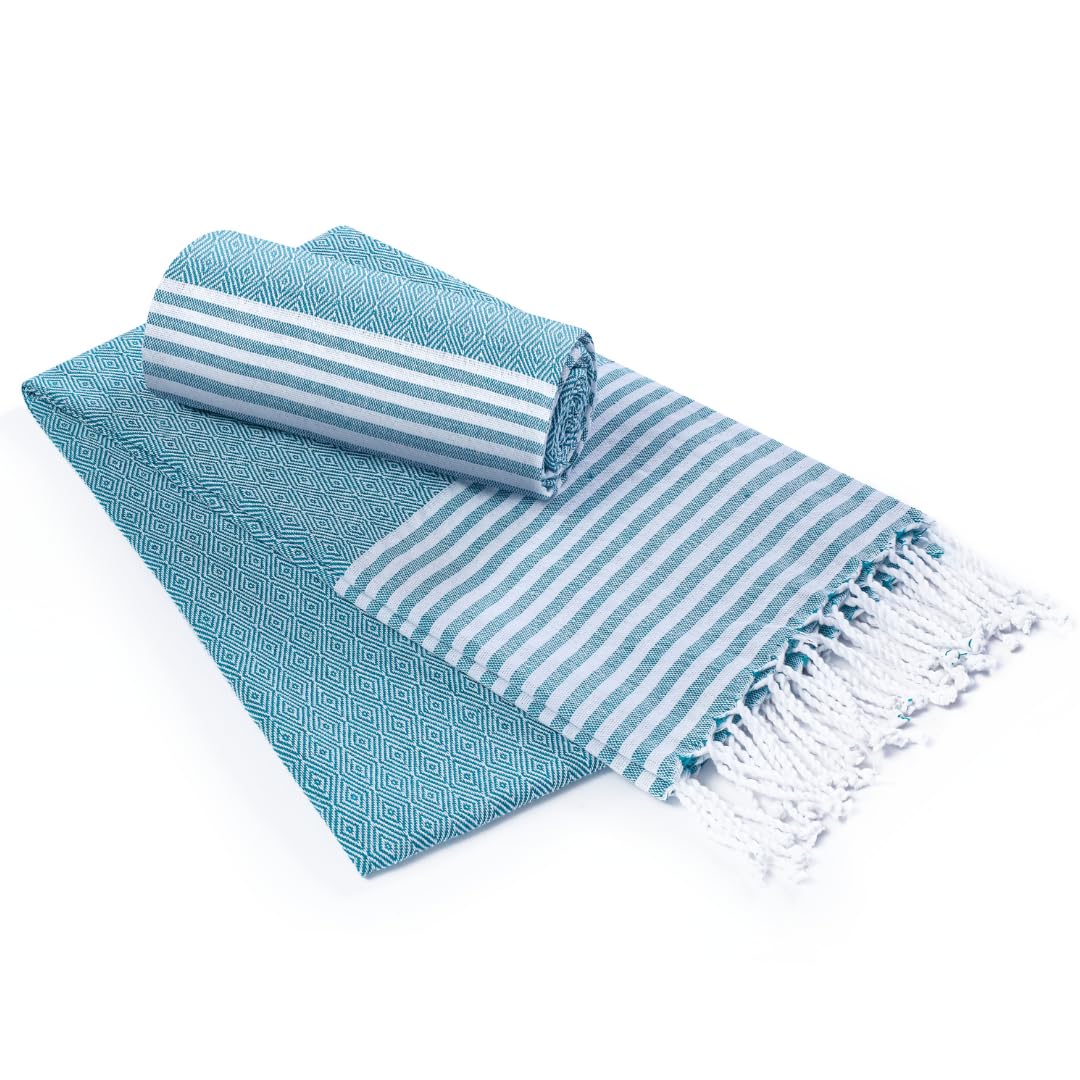Destin Home Turkish Peshtemal Beach Towels 700 Gsm | Cotton Soft, Lightweight, Quick-Drying & Absorbent For Beach Pool Spa Picnic Travel (Aqua)- Set Of 2