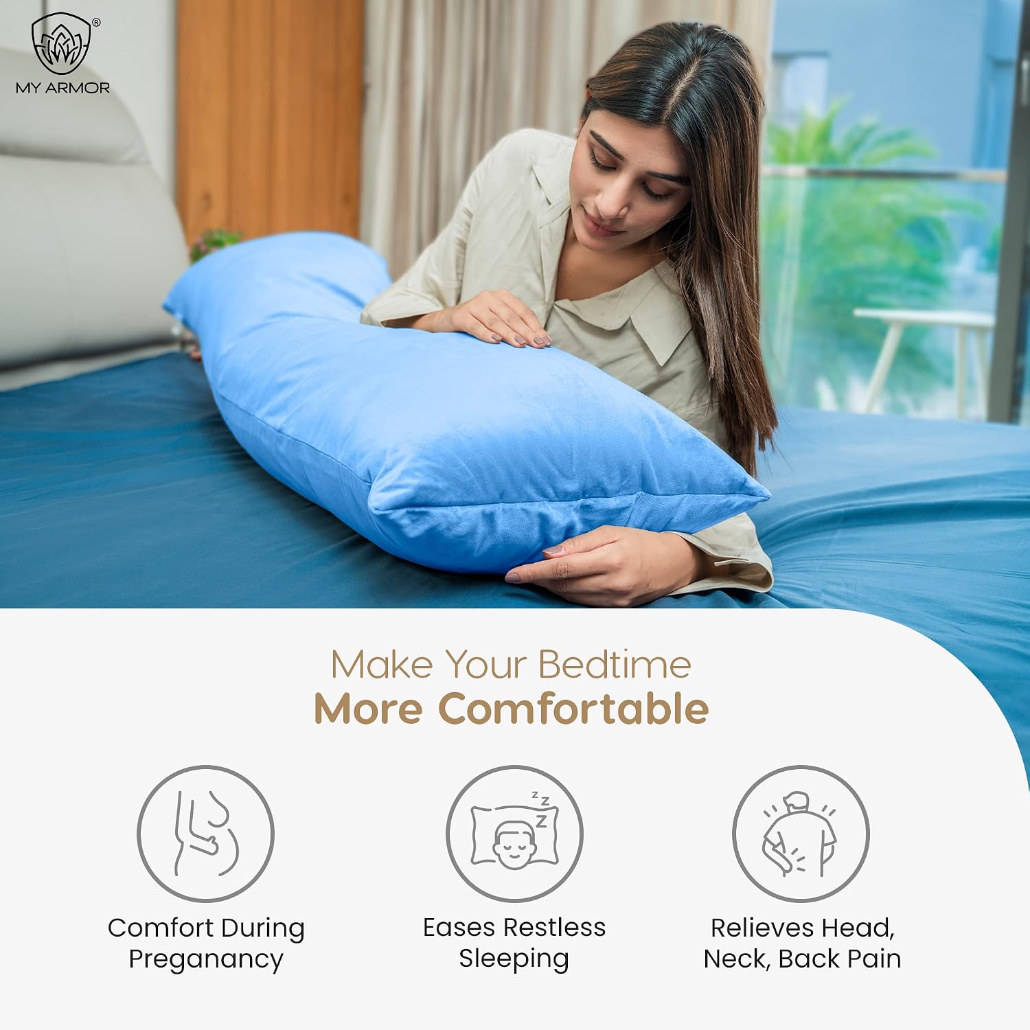 Microfiber Body Side Pillow For Sleeping For Pregnancy, Sky Blue - 53 X16 Inch | Long Cuddle Pillow For Hugging, Relaxing, Washable, Premium Velvet Outer Cover With Zip, Multipurpose Pillow