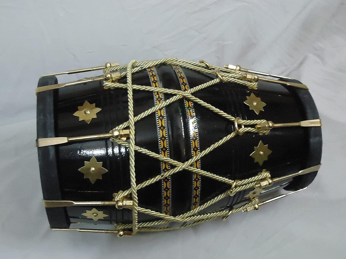 Hand Made Indian Musical Instrument Dholak Drum With Bag - Black & Golden | Perfectly Symmetric Round Dholak Nickel Plated Bolts & Nuts - Dholak For Festival, Wedding, Satsang | Very Easy To Tune